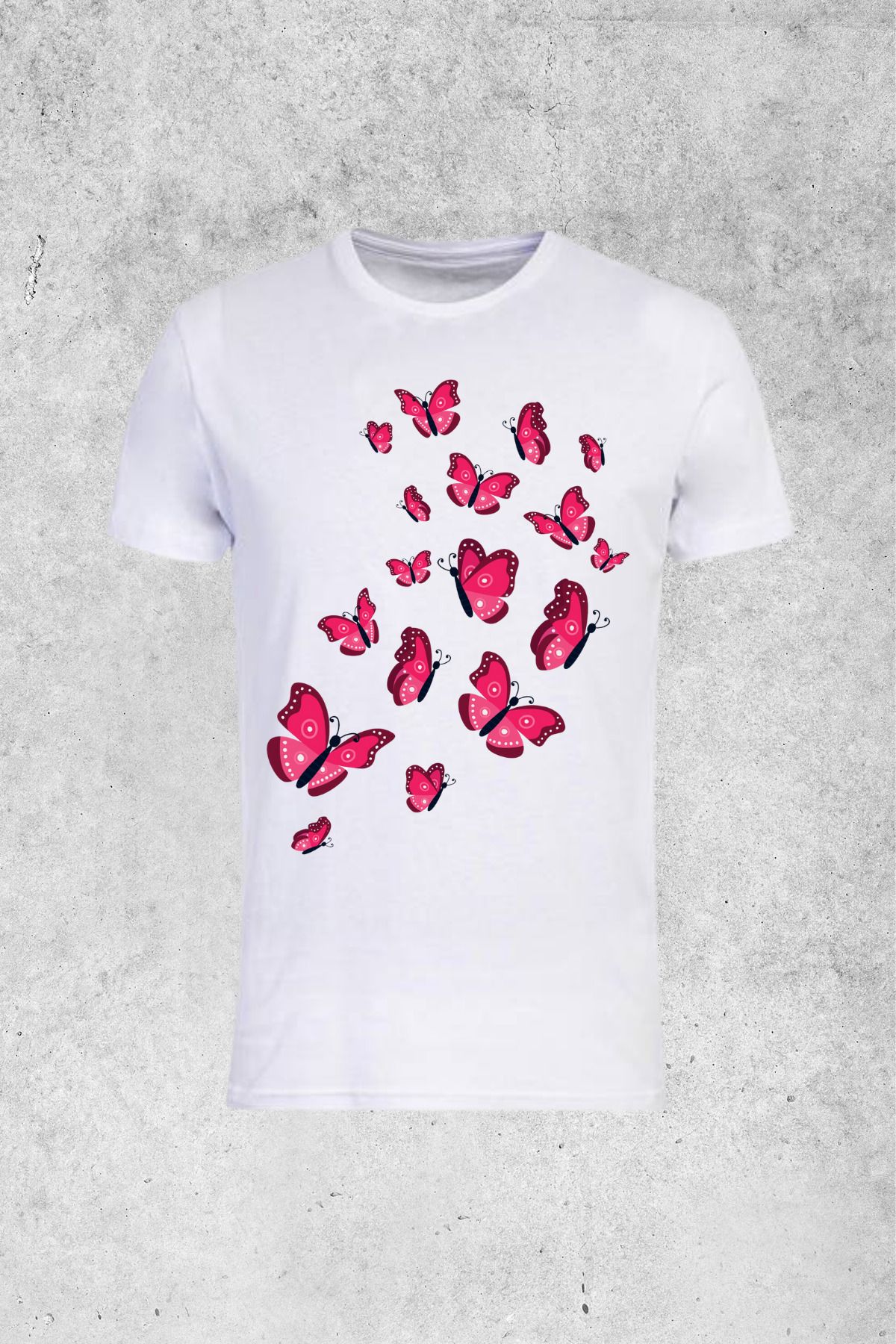 MOLICO Basic unisex sıfır yaka kısa kollu KOYU PEMBE KELEBEK baskılı tshirt