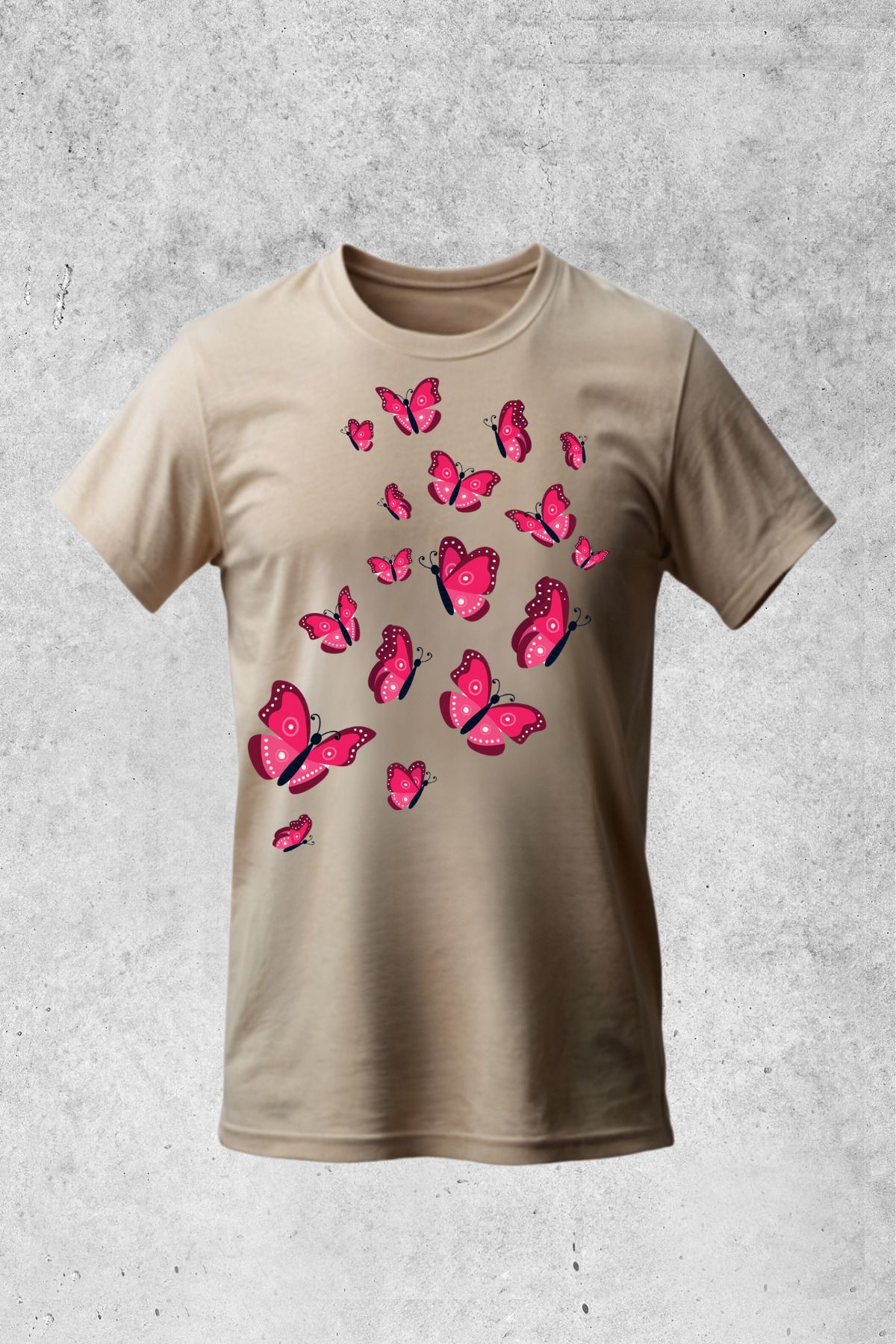 MOLICO Basic unisex sıfır yaka kısa kollu KOYU PEMBE KELEBEK baskılı tshirt