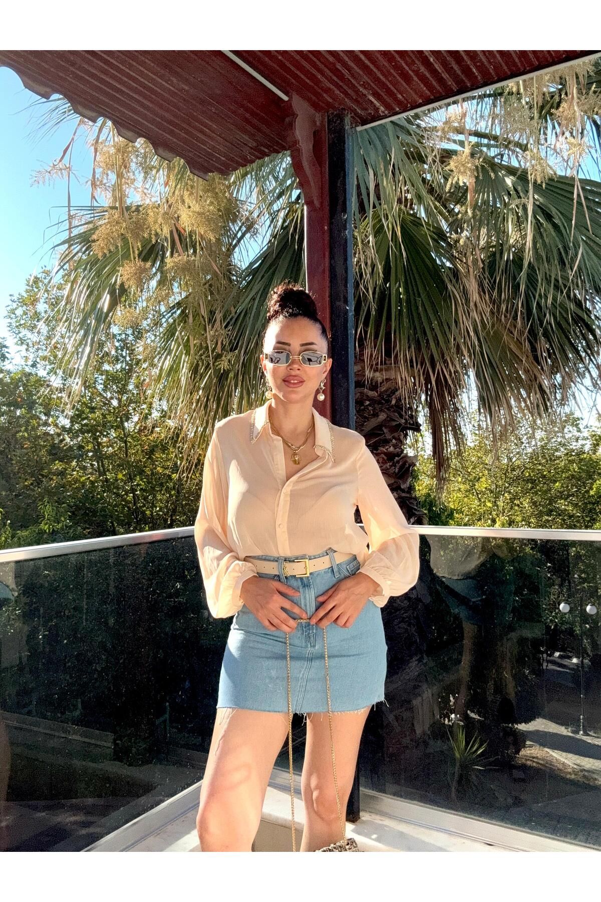 MODA yaka detaylı şifon gömlek geniş kalıp