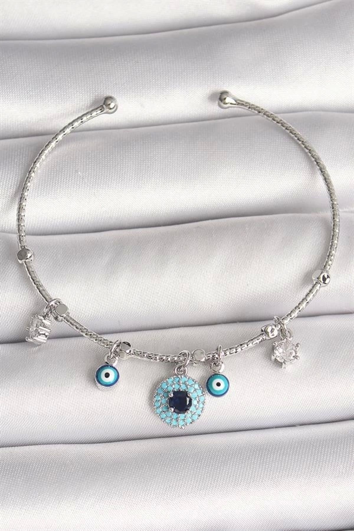 Lale Moda Pirinç Gümüş Renk Sallantı Zirkon Taşlı Nazar Boncuk Figür Charm Kadın Bileklik