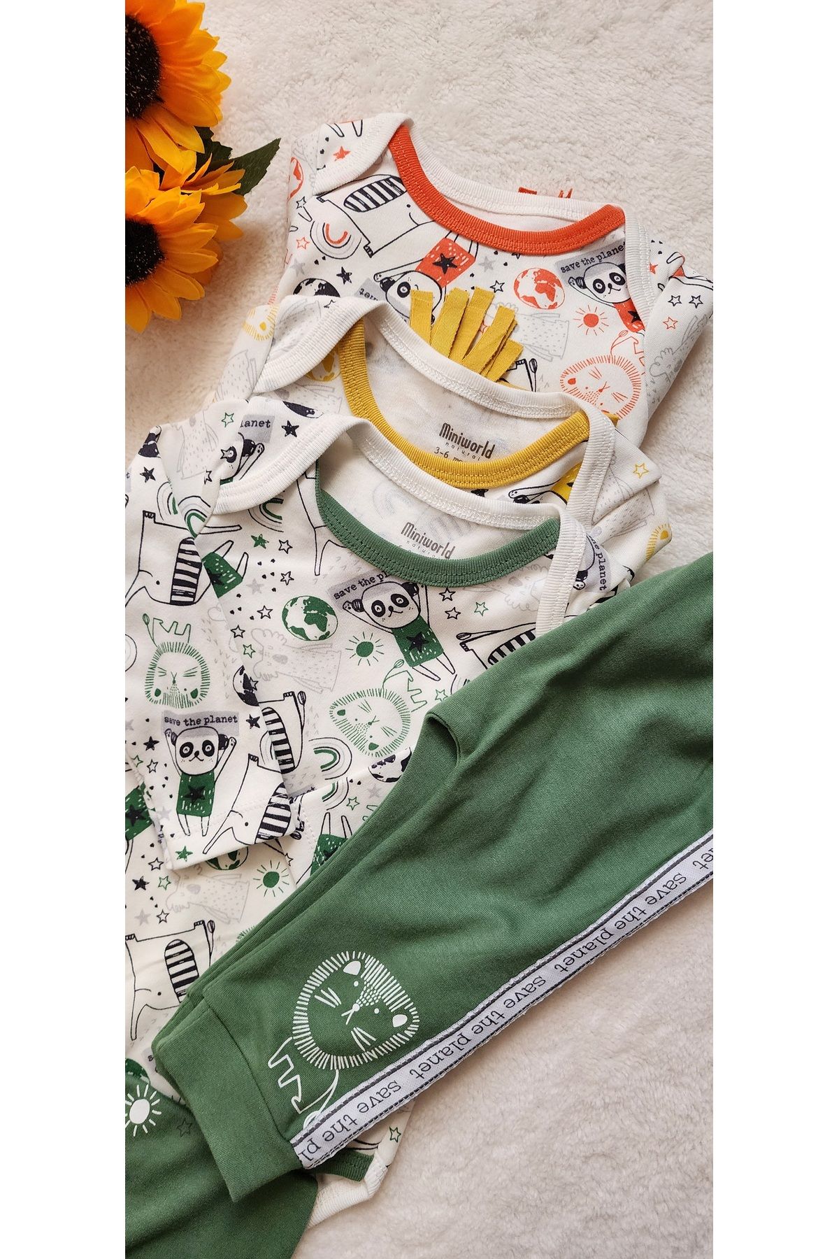 BALAMIX Save The Planet 3’lü Bebek Takımı (0-12 Ay) – Zıbın + Pantolon + Şapka