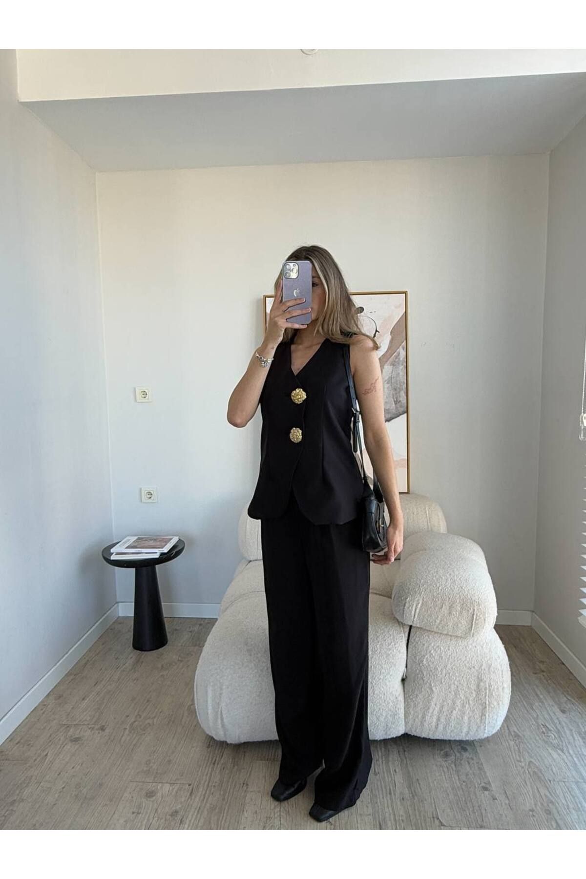 ELİFLEMODA Gold düğmeli keten ikili alt üst takım