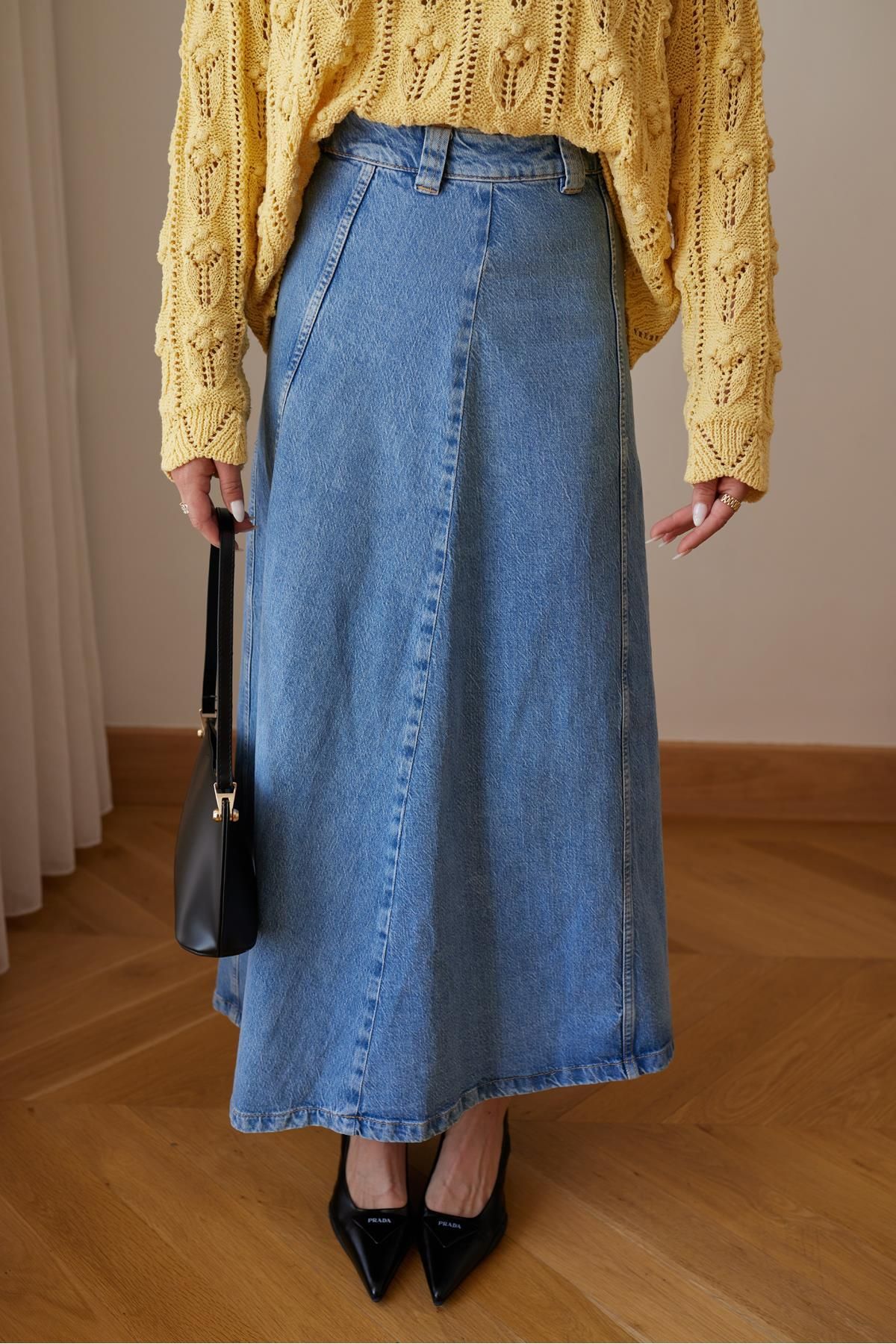 Askı Nişantaşı Klasik Jean Rengi Arkadan Fermuarlı Gold Dikiş Detaylı Denim Etek