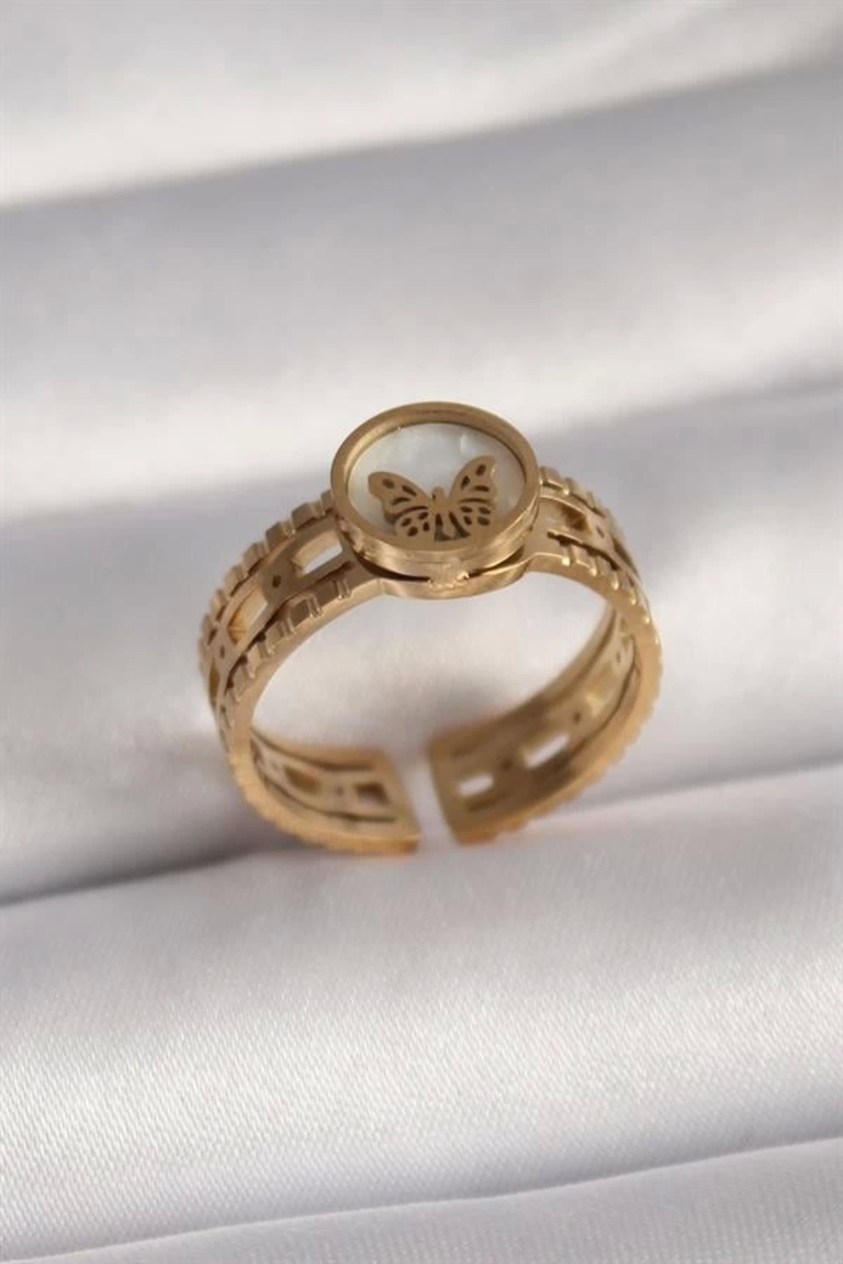 Lale Moda 316L Çelik Gold Renk Beyaz Sedefli Kelebek Model İşleme Detay Kadın Yüzük