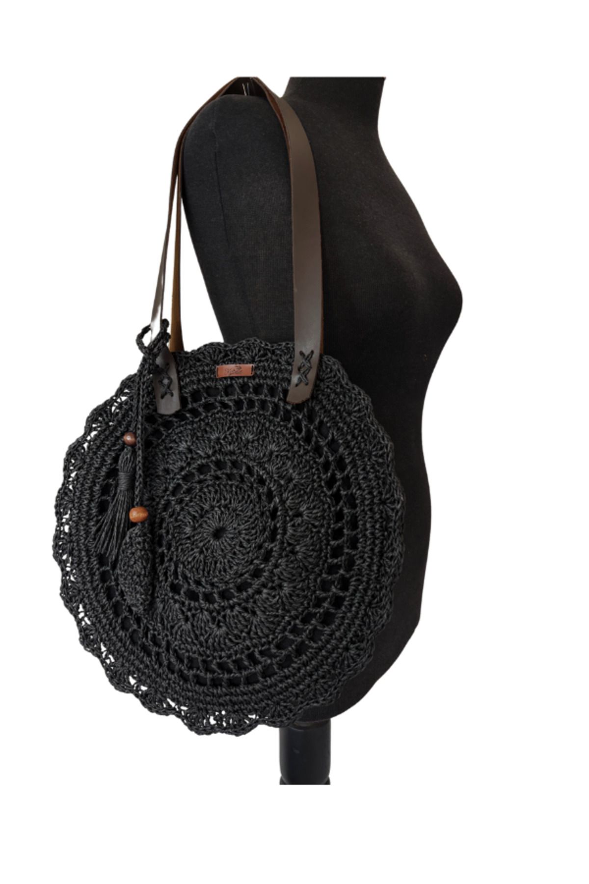 Kybele Handmade Siyah Çiçek Hasır Omuz Çantası