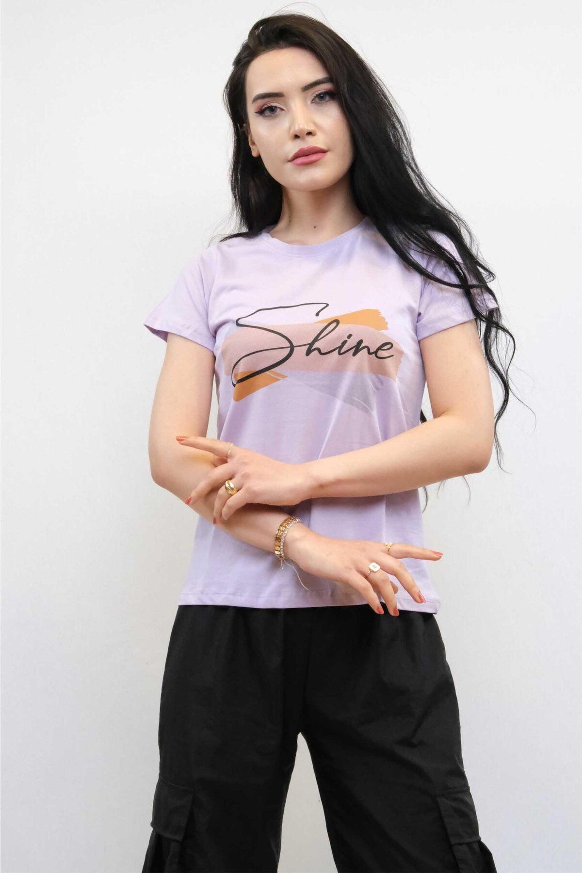 PuShe Moda Çizgi Shine Baskılı Tshirt Lila