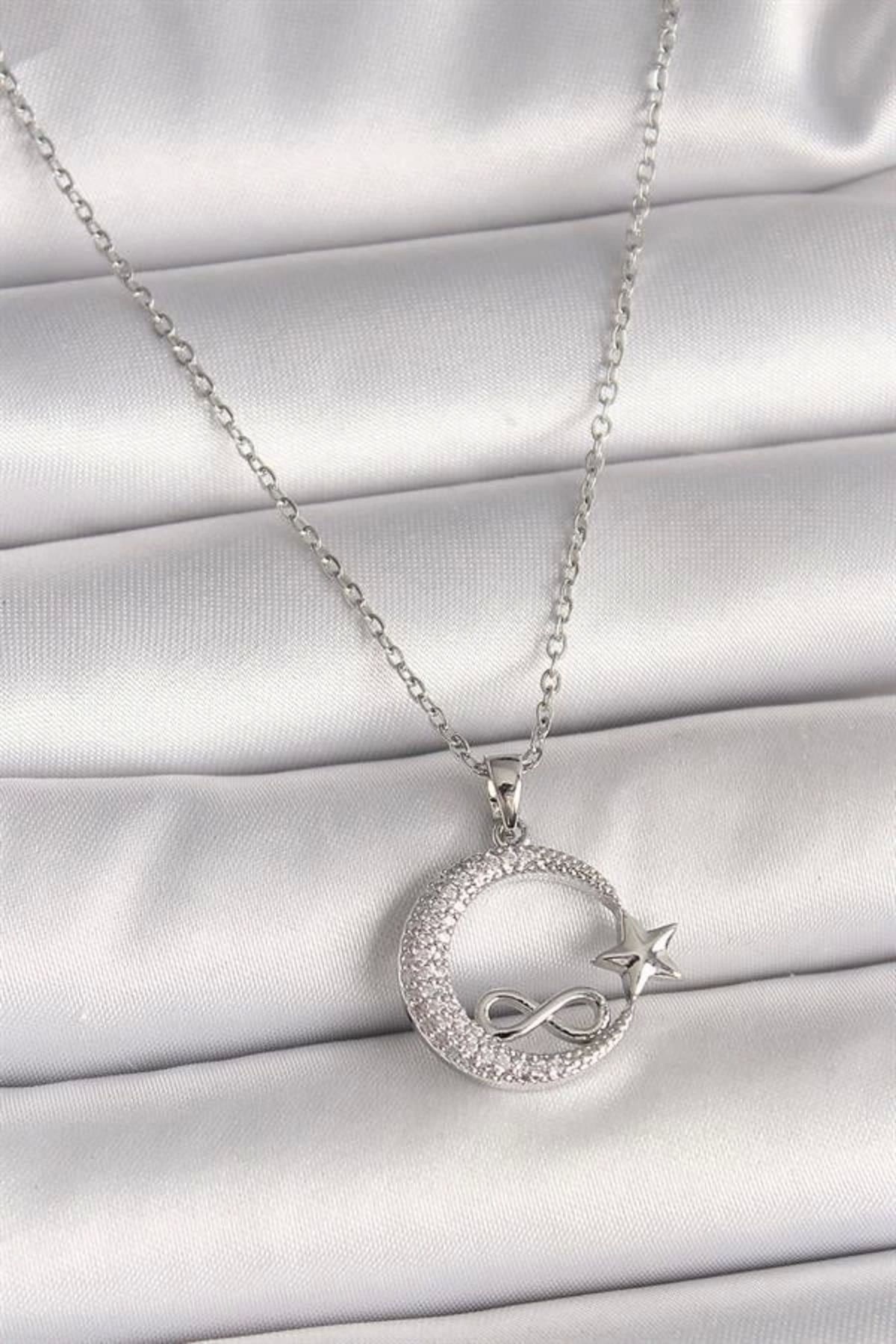 Lale Moda 316L Çelik Gümüş Renk Zincir Zirkon Taşlı Ay Yıldız Model Sonsuzluk Detay Kadın Kolye