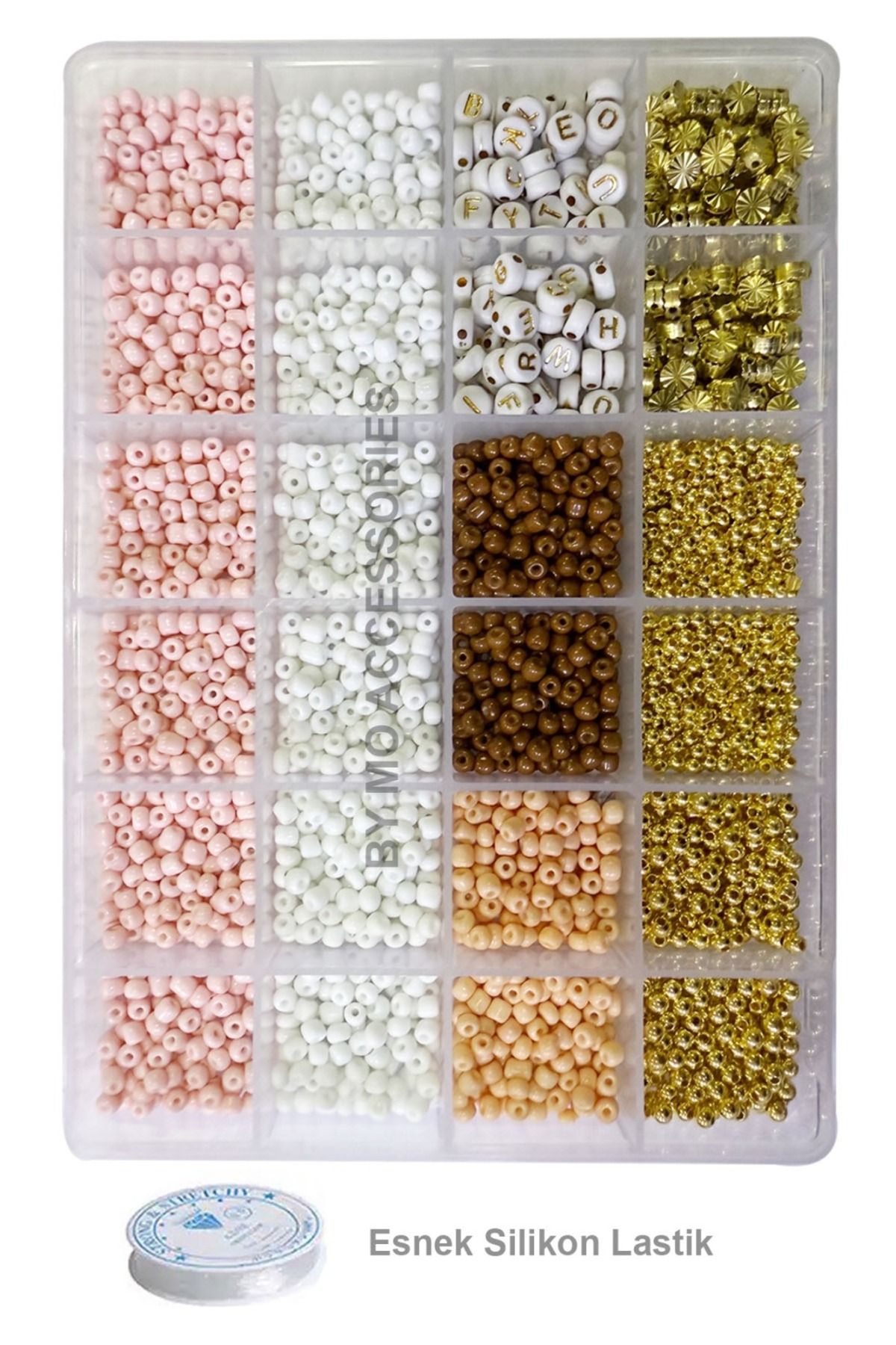 By MO Accessories 24'lü Kutuda Kum Boncuk Harf ve Altın Aparat Boncuklarla Hobi Takı Yapma Seti 2