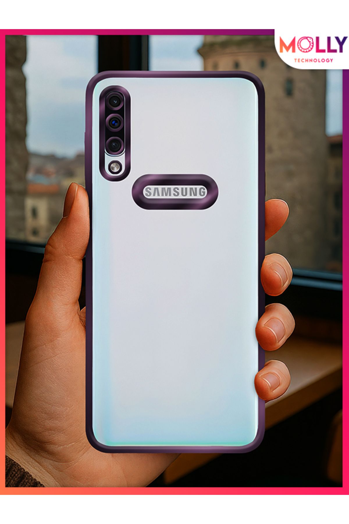 Molly Samsung Galaxy A50 İçin Kenarları Derin Mor Lens Koruyuculu Lou Lazer Şeffaf Silikon Kılıf