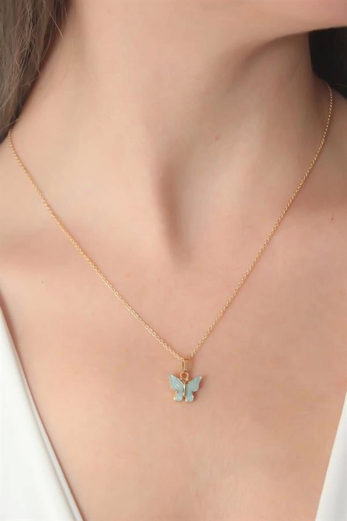 Lale Moda Gold Renk Su Yeşili Kelebek Figür Kadın Kolye
