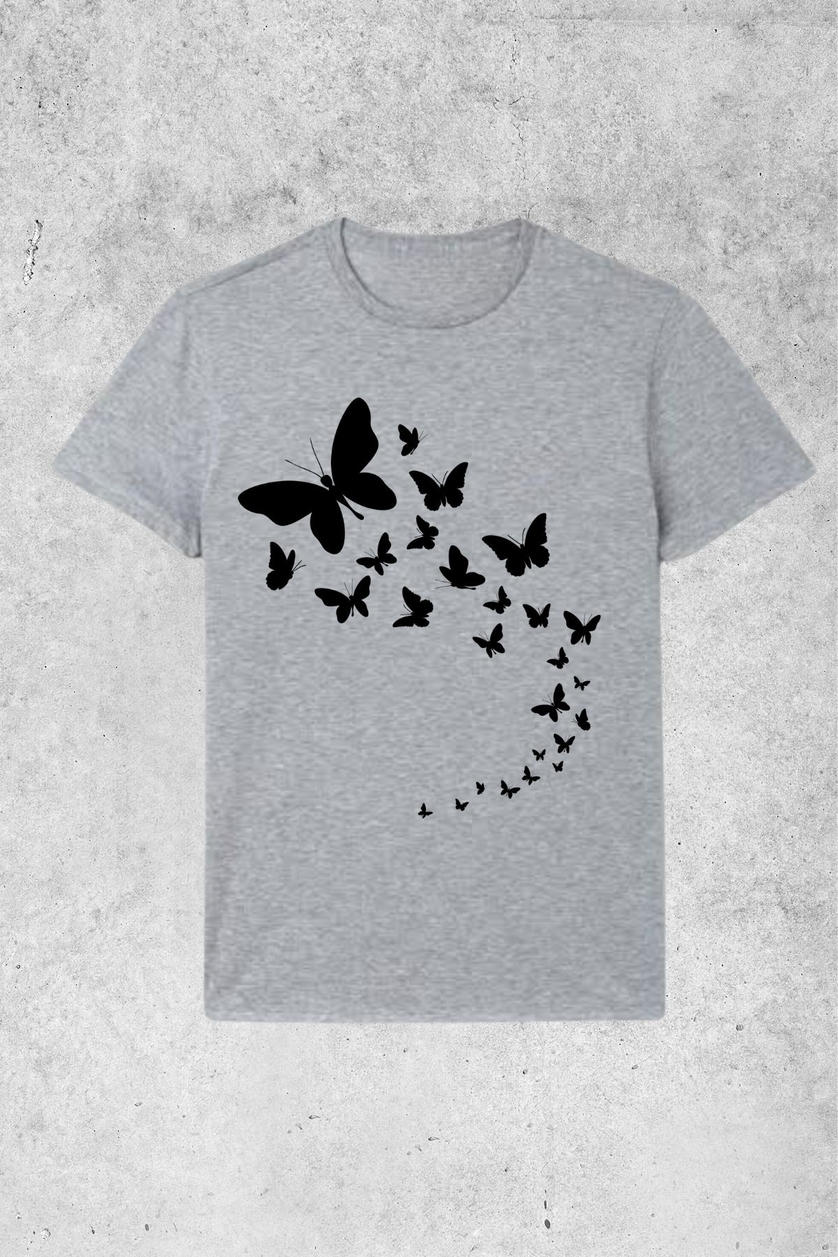 MOLICO Basic unisex sıfır yaka kısa kollu SİYAH KELEBEK baskılı tshirt