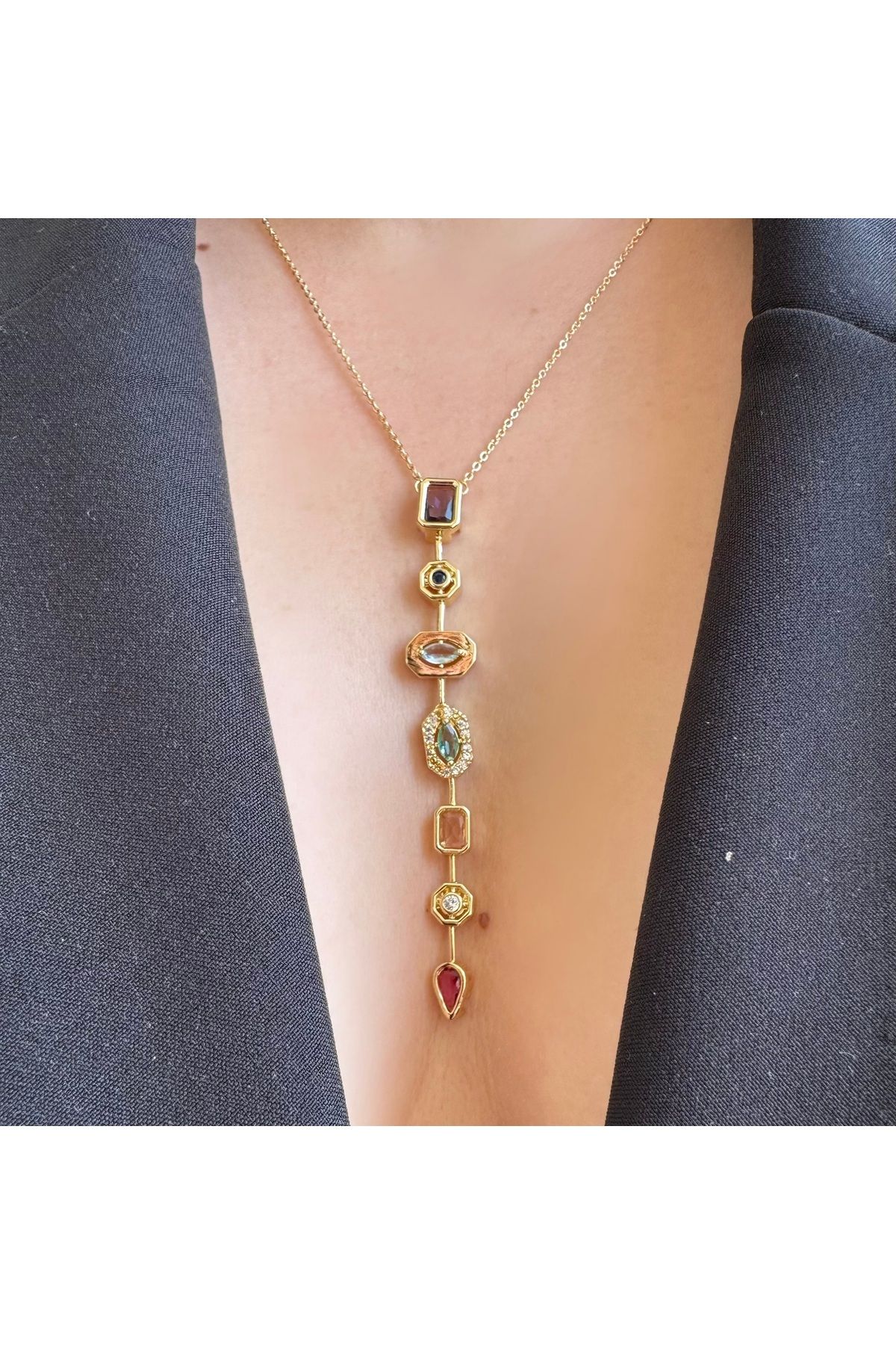 Gilia Jewelry 7 Element Renkli Taşlı Özel Y Tasarım Kolye