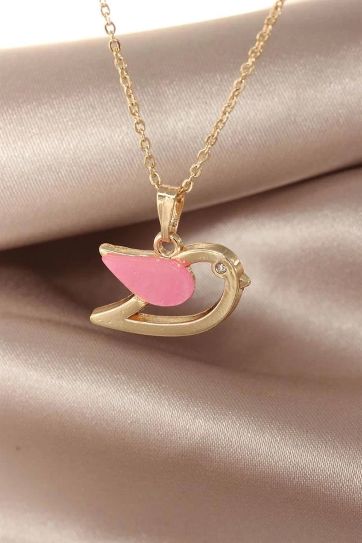 Lale Moda Sedefli Pembe Renk Kuş Kolye