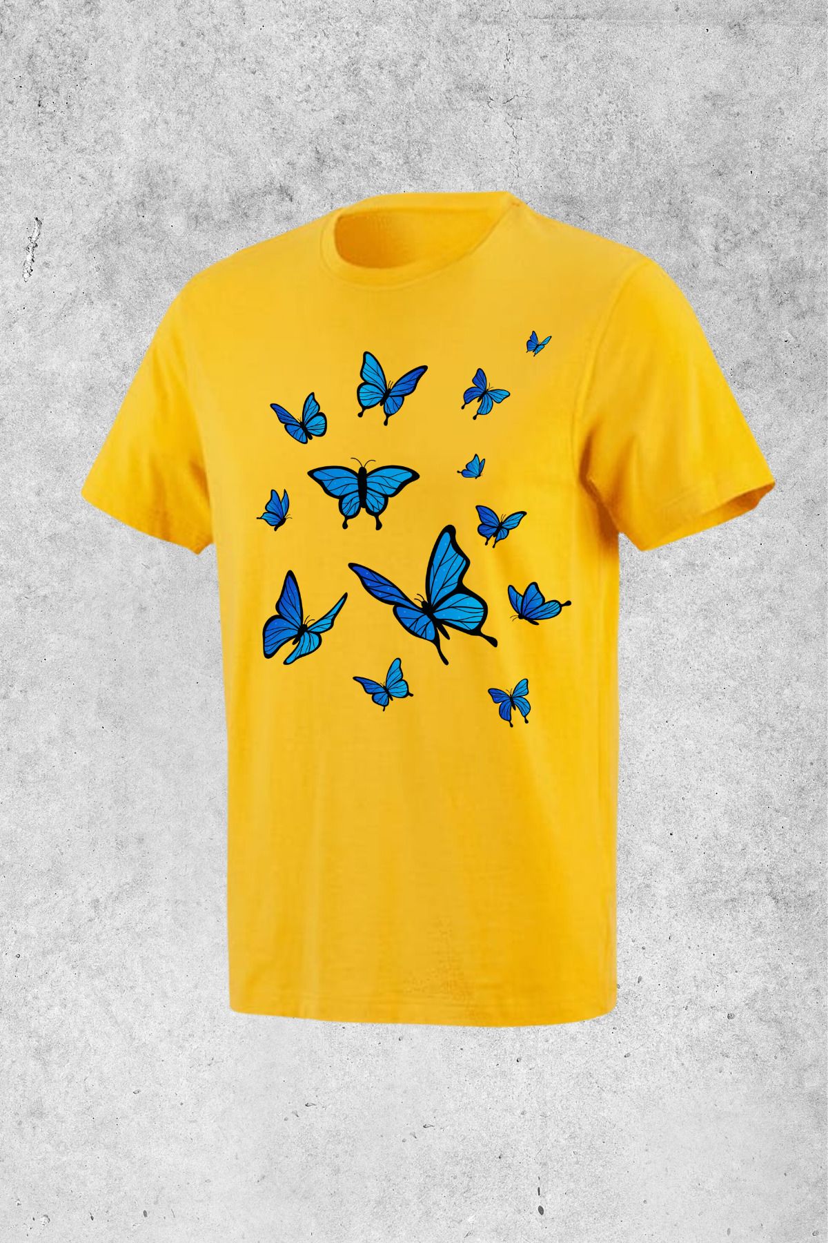 MOLICO Basic unisex sıfır yaka kısa kollu MAVİ KELEBEK baskılı tshirt