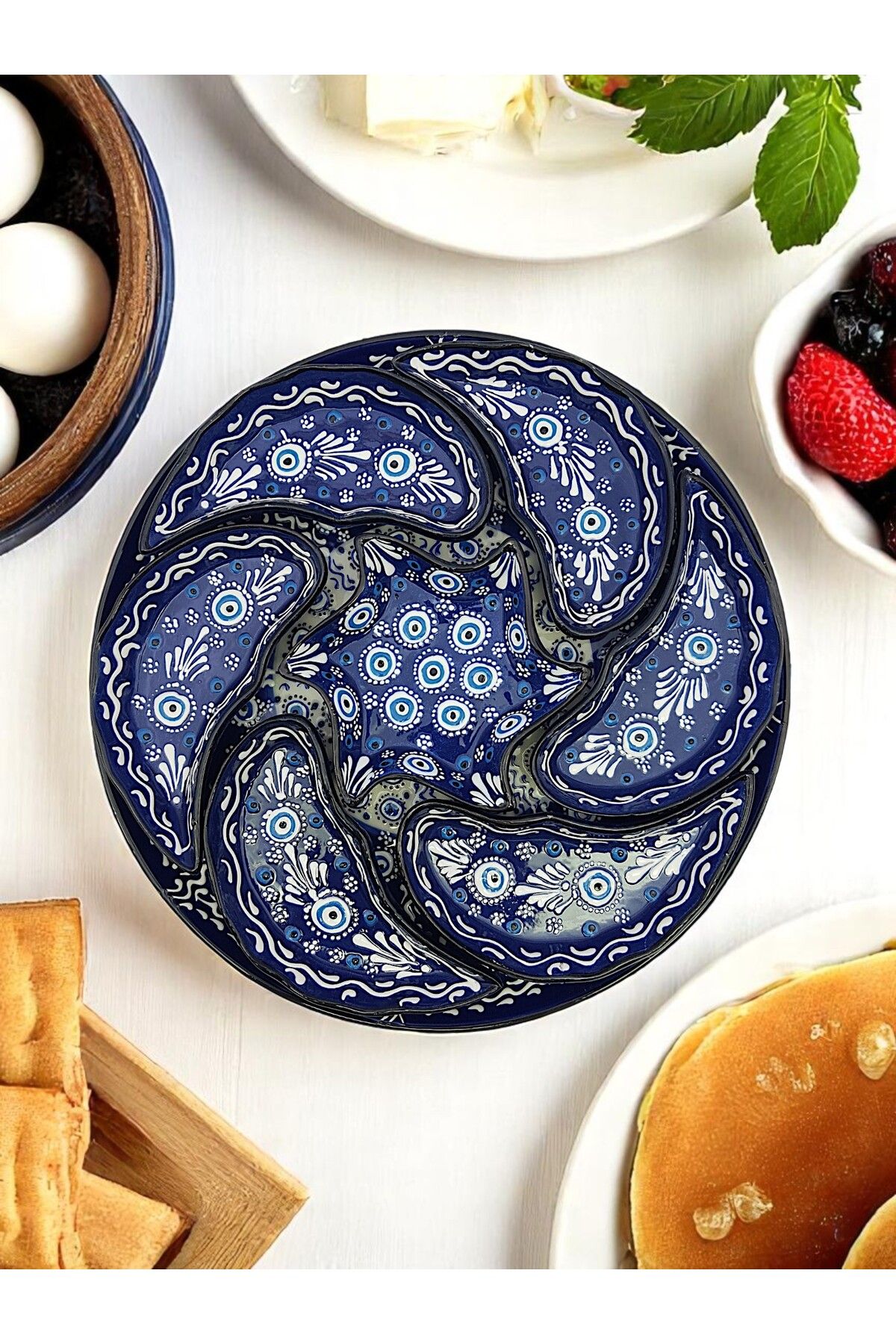 sharp&art Kahvaltı Takımı, Detaylı El İşlemesi, Kabartma Nazar Boncuğu Temalı Seramik 2 Farklı Kahvaltılık Set