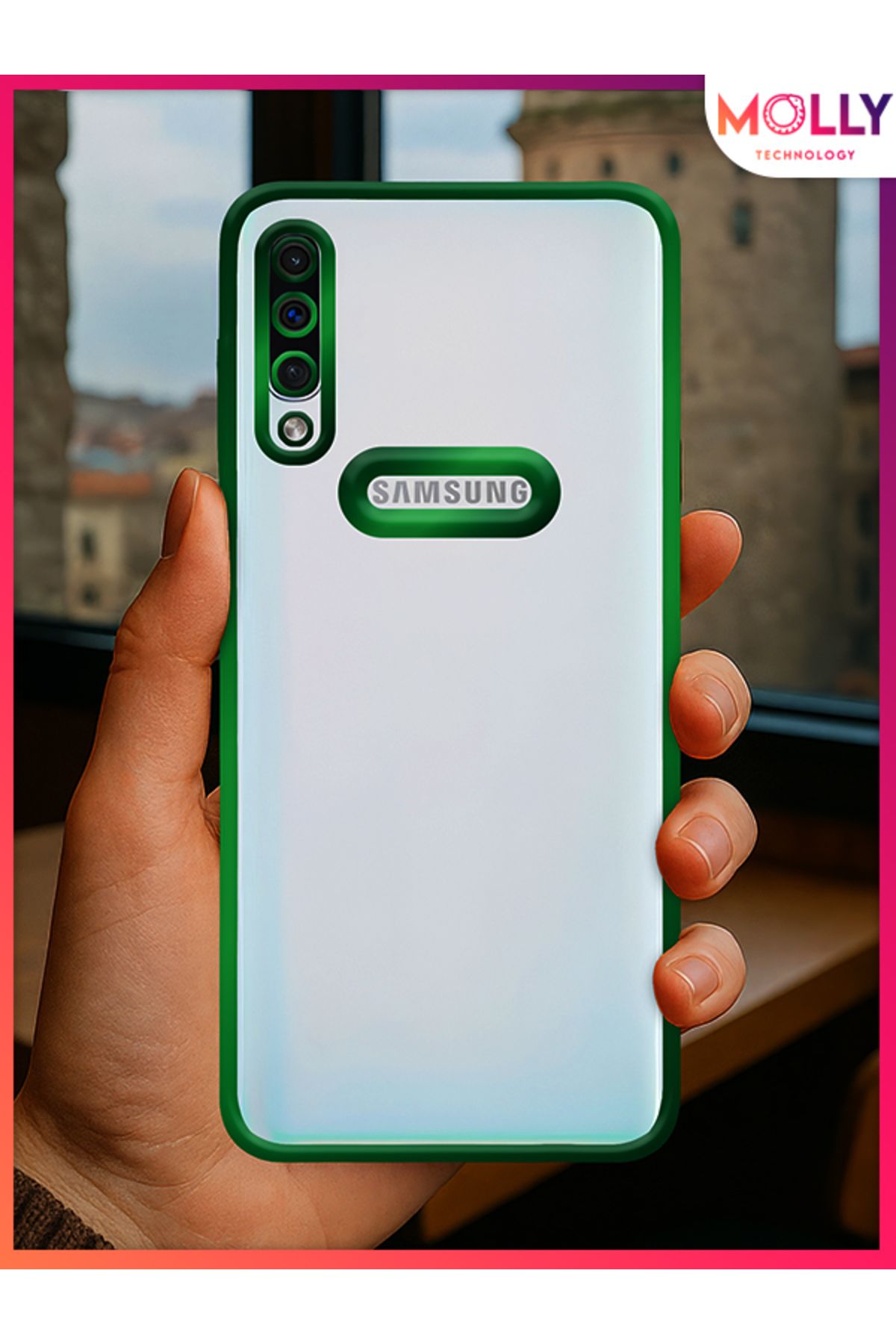 Molly Samsung Galaxy A70 İçin Kenarları Zehir Yeşili Lens Koruyuculu Lou Lazer Şeffaf Silikon Kılıf