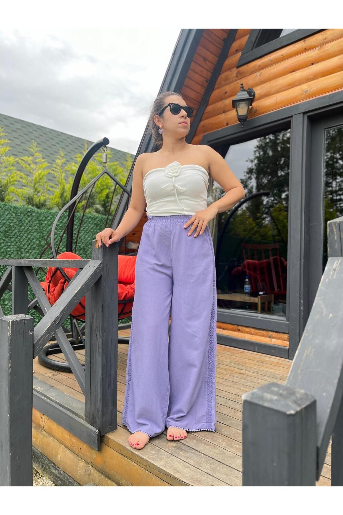 Gizybutik Lila Örgü Detay Paçası Dantelli Pantolon