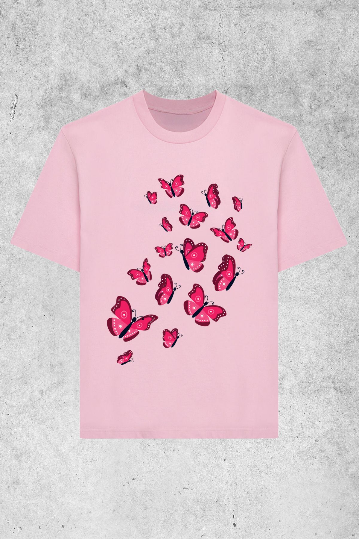 MOLICO Basic unisex sıfır yaka kısa kollu KOYU PEMBE KELEBEK baskılı tshirt