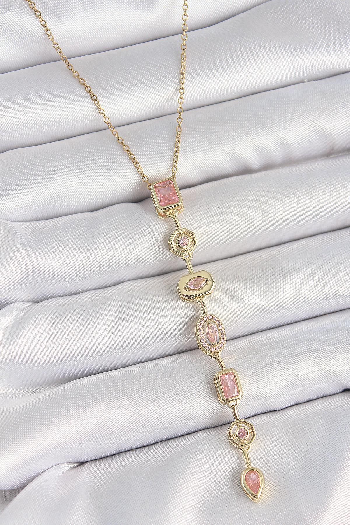 prativas 316L Çelik Gold Renk Zincir Pembe Zirkon Taşlı Y Model Dekolte Kadın Kolye