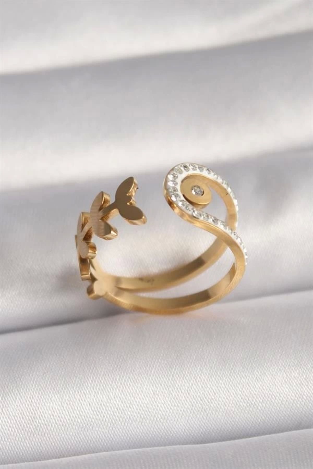 Lale Moda 316L Çelik Gold Renk Zirkon Taşlı Yaprak Model Kadın Yüzük