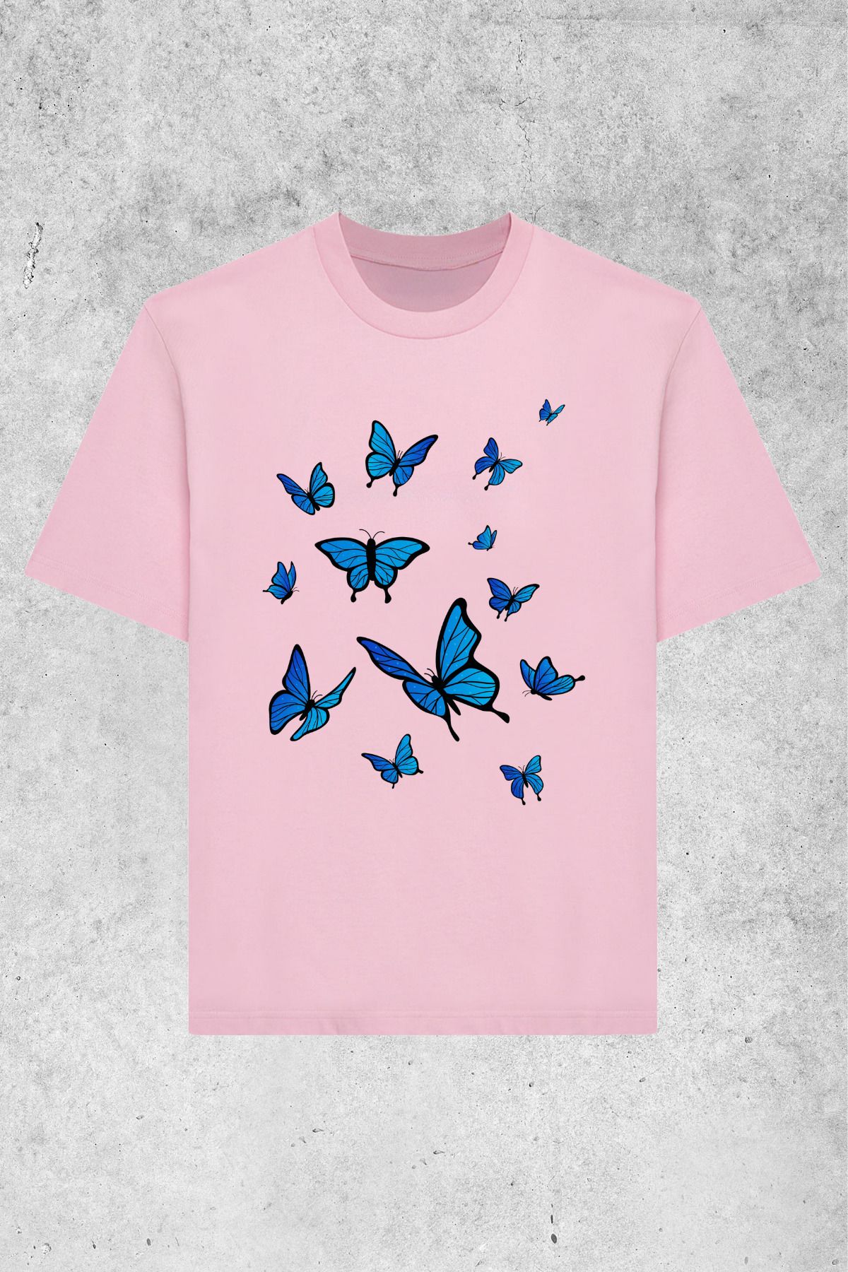 MOLICO Basic unisex sıfır yaka kısa kollu MAVİ KELEBEK baskılı tshirt