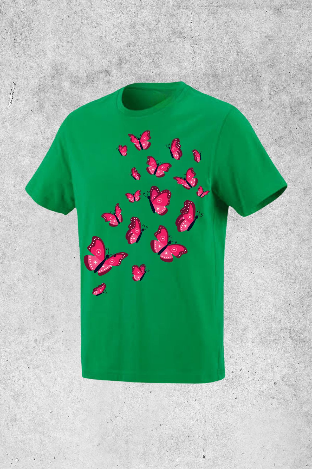MOLICO Basic unisex sıfır yaka kısa kollu KOYU PEMBE KELEBEK baskılı tshirt