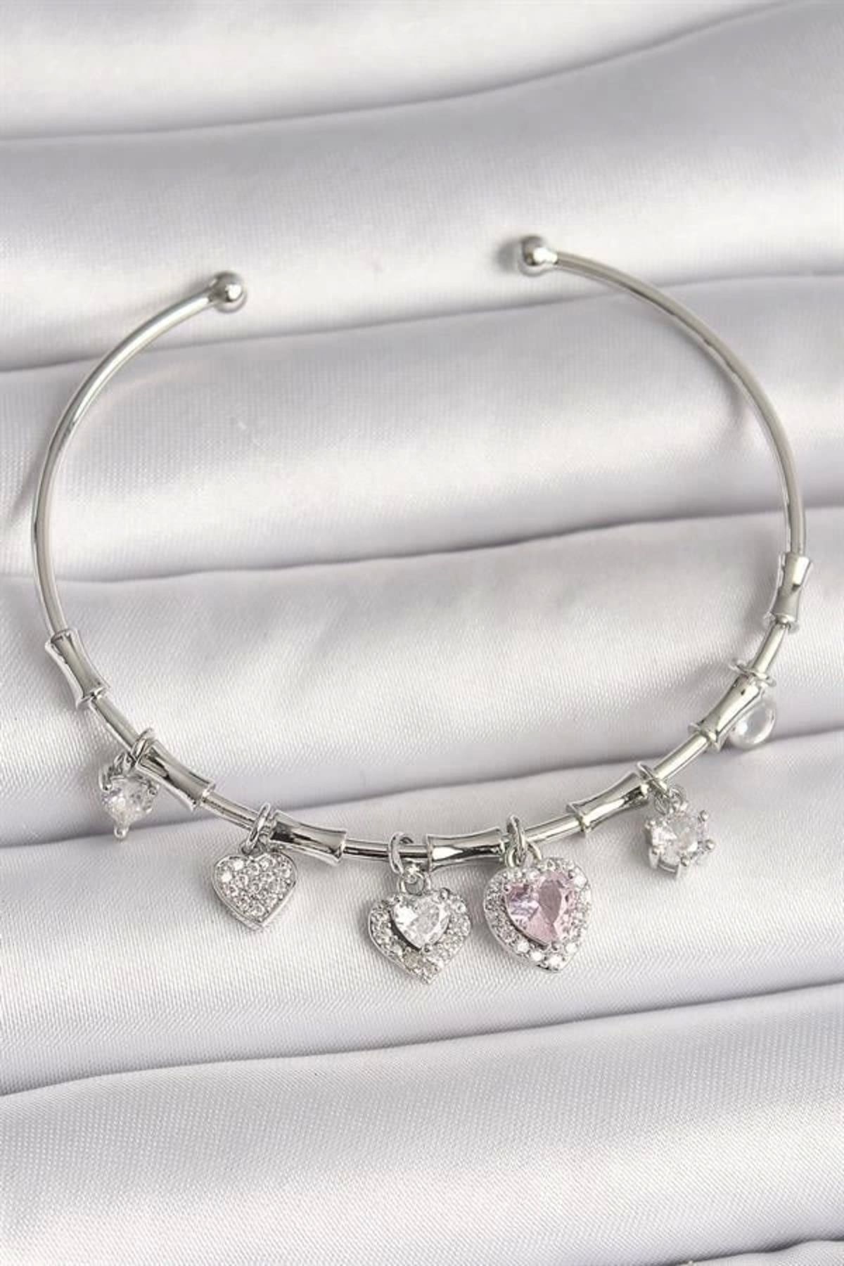 Lale Moda Pirinç Gümüş Renk Sallantı Pembe Zirkon Taşlı Kalp Model Charm Kadın Bileklik