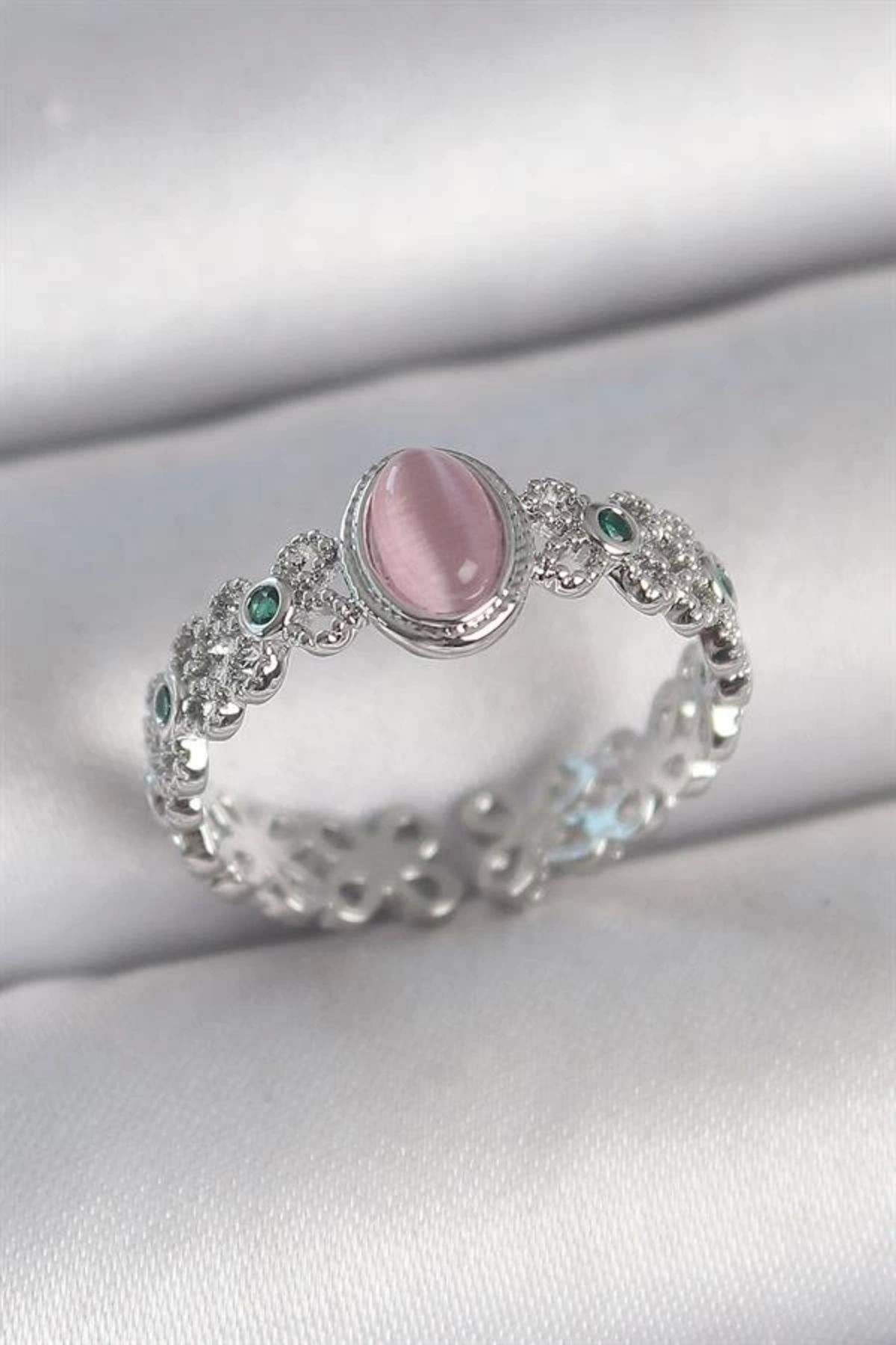 Lale Moda Pirinç Gümüş Renk Zirkon Taş Detaylı Pembe Mineli Damla Model Ayarlanabilir Kadın Yüzük
