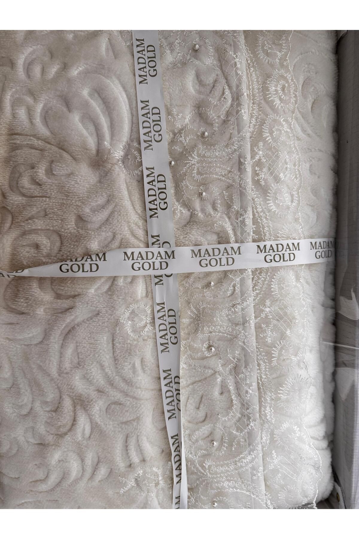 HAYRAN HOME-Special Boxed Double French Laced Dowry Bridal Blanket Set Cream 2