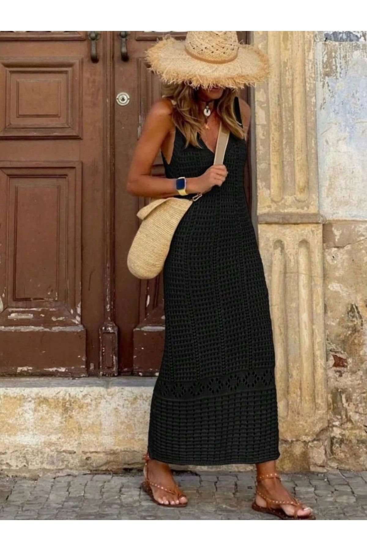 Butik Kadın V Yaka Tam Askılı Tam Boy Ajurlu Triko Elbise