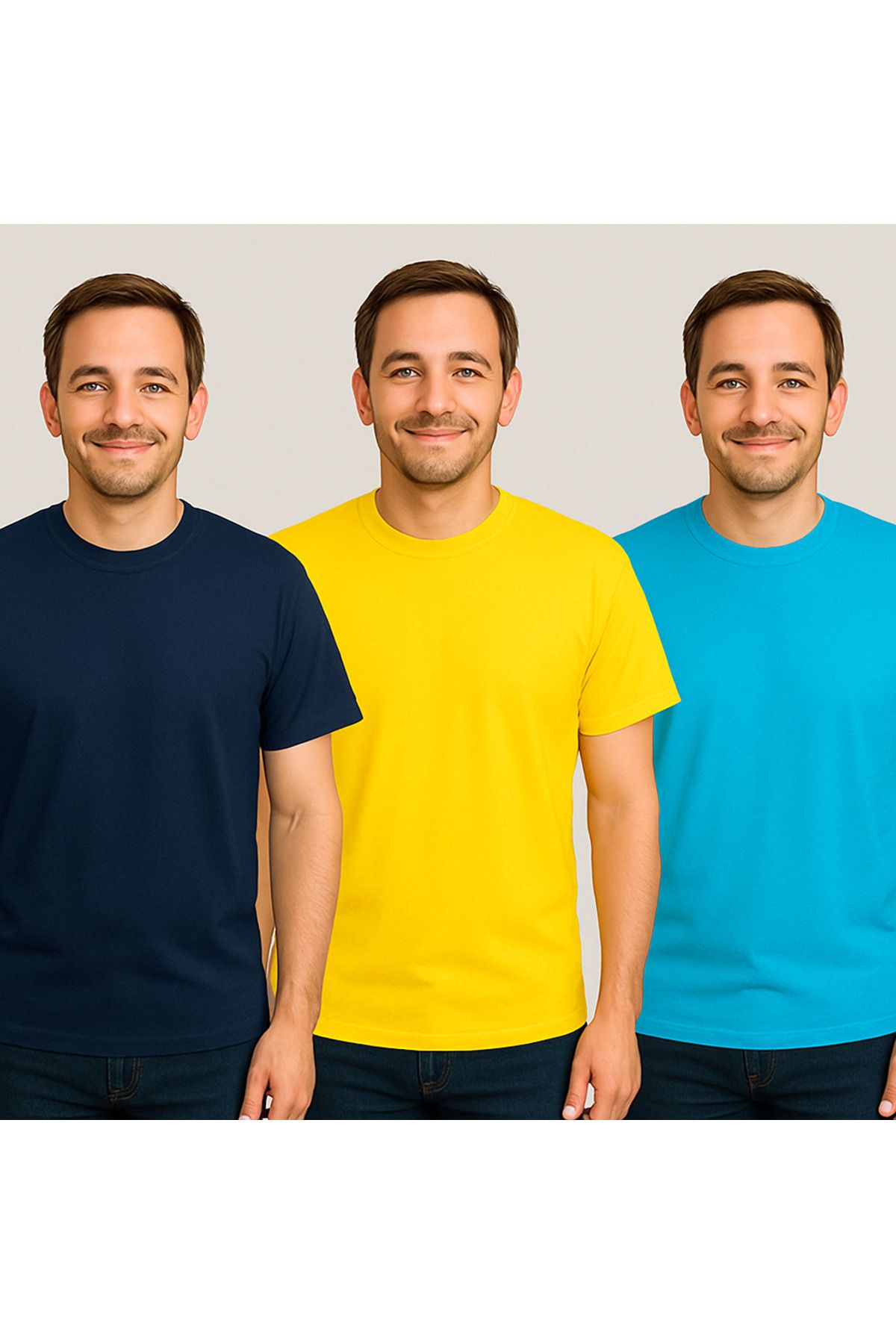 ZALKAYA Bisiklet Yaka Basic Renkli T-shirt 3Lü Adet Lacivert Sarı Turkuaz
