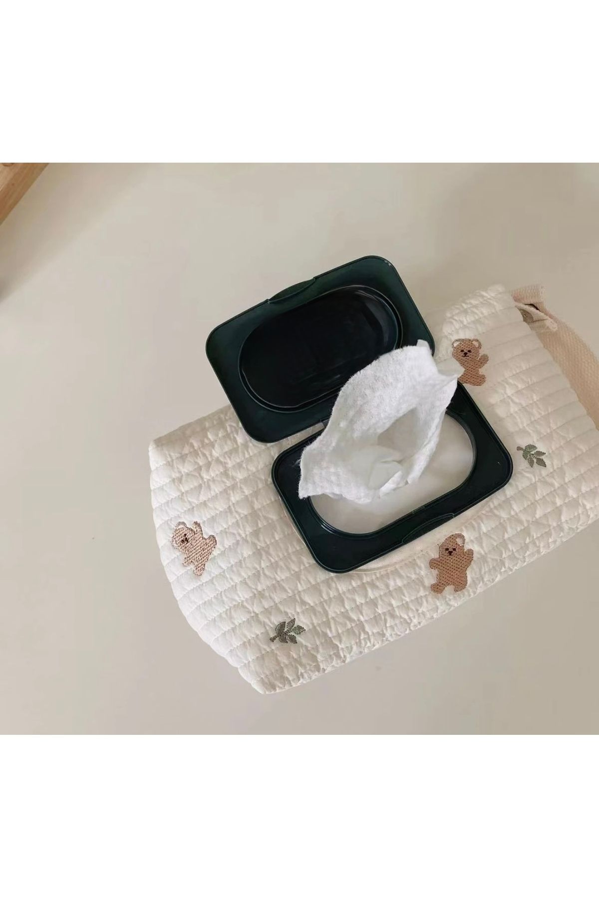 babylintr Müslin Teddy Desenli Askılı Islak Mendil Kılıfı - Mini Organizer