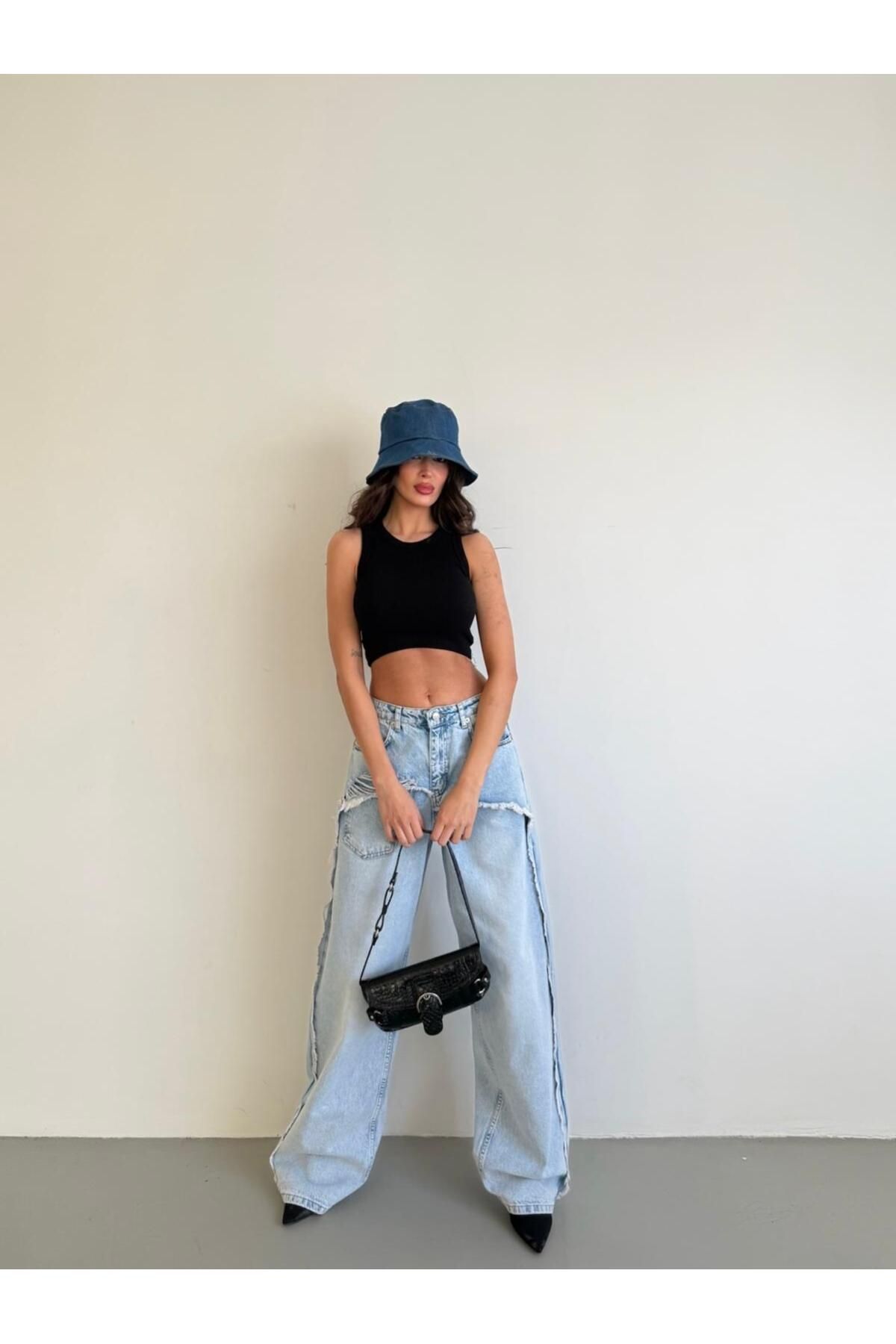 369 etnik butik Yüksek Bel Geniş Paça Detaylı Parçalı Jean