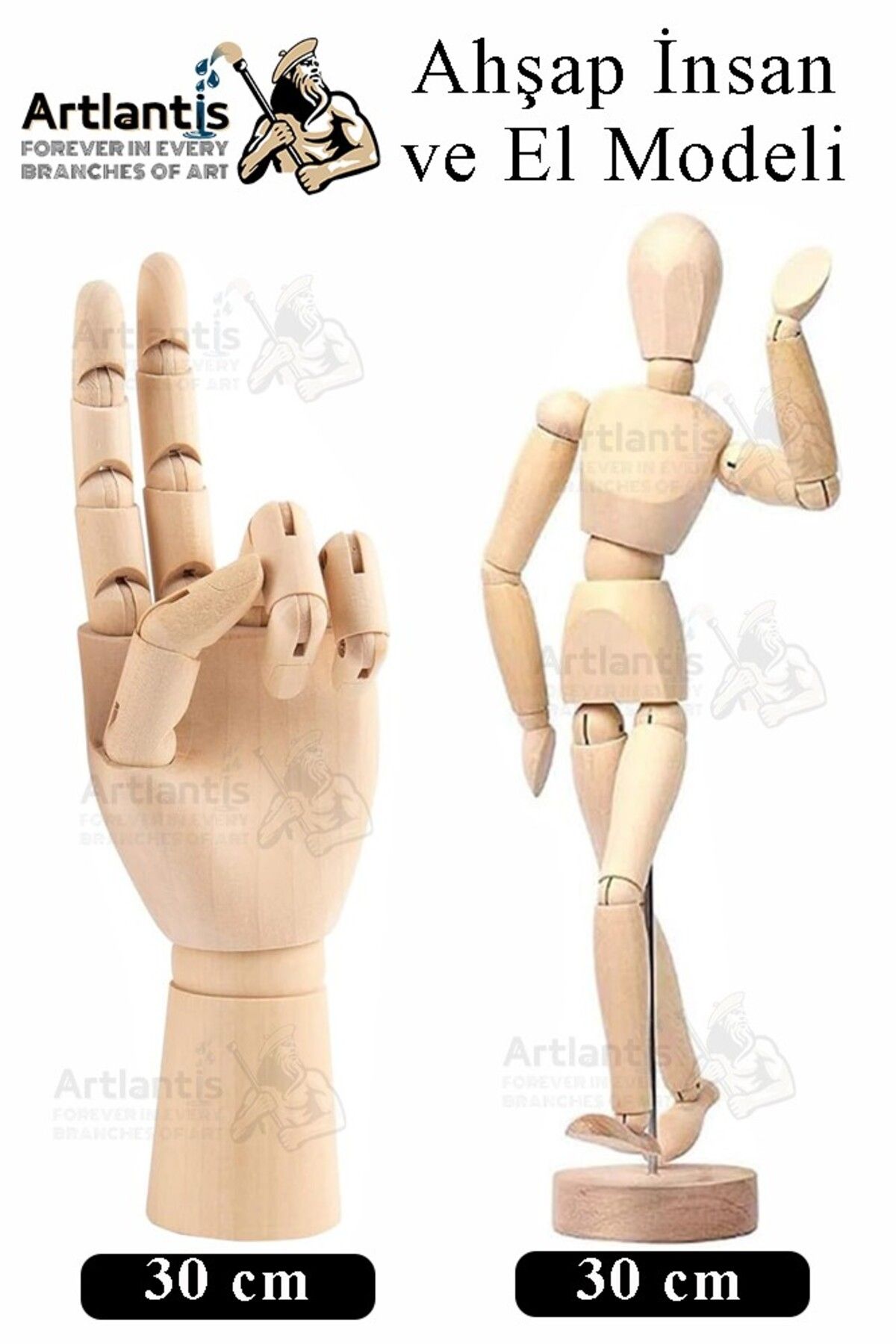Artlantis Ahşap İnsan Modeli 30 cm ve El Modeli 30 cm 1 Paket Hareketli İnsan ve El Manken Maketi Esnek Çizim