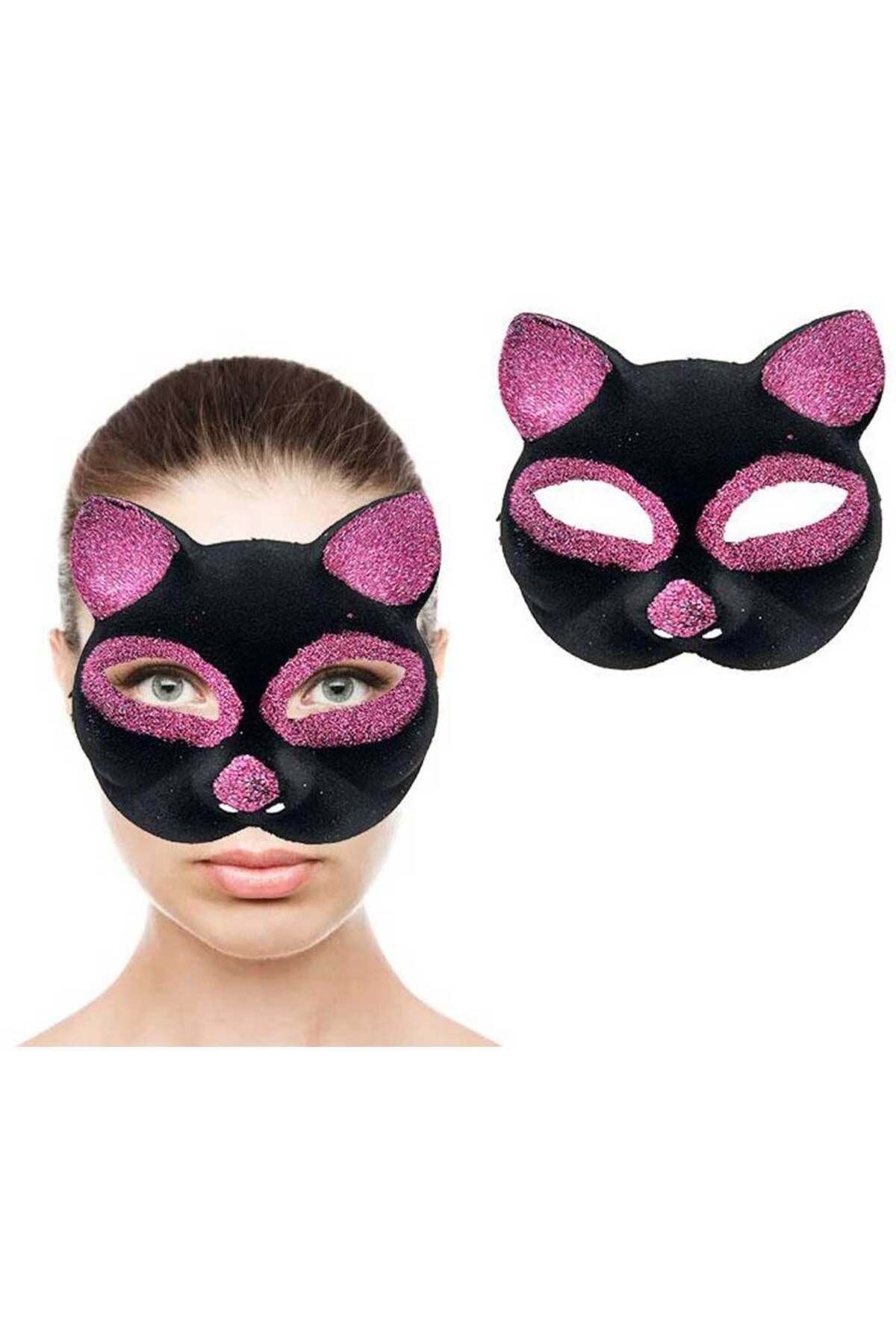 Easy Tedarik Siyah Renk Pembe Simli Süet Kedi Maskesi 18x14 cm