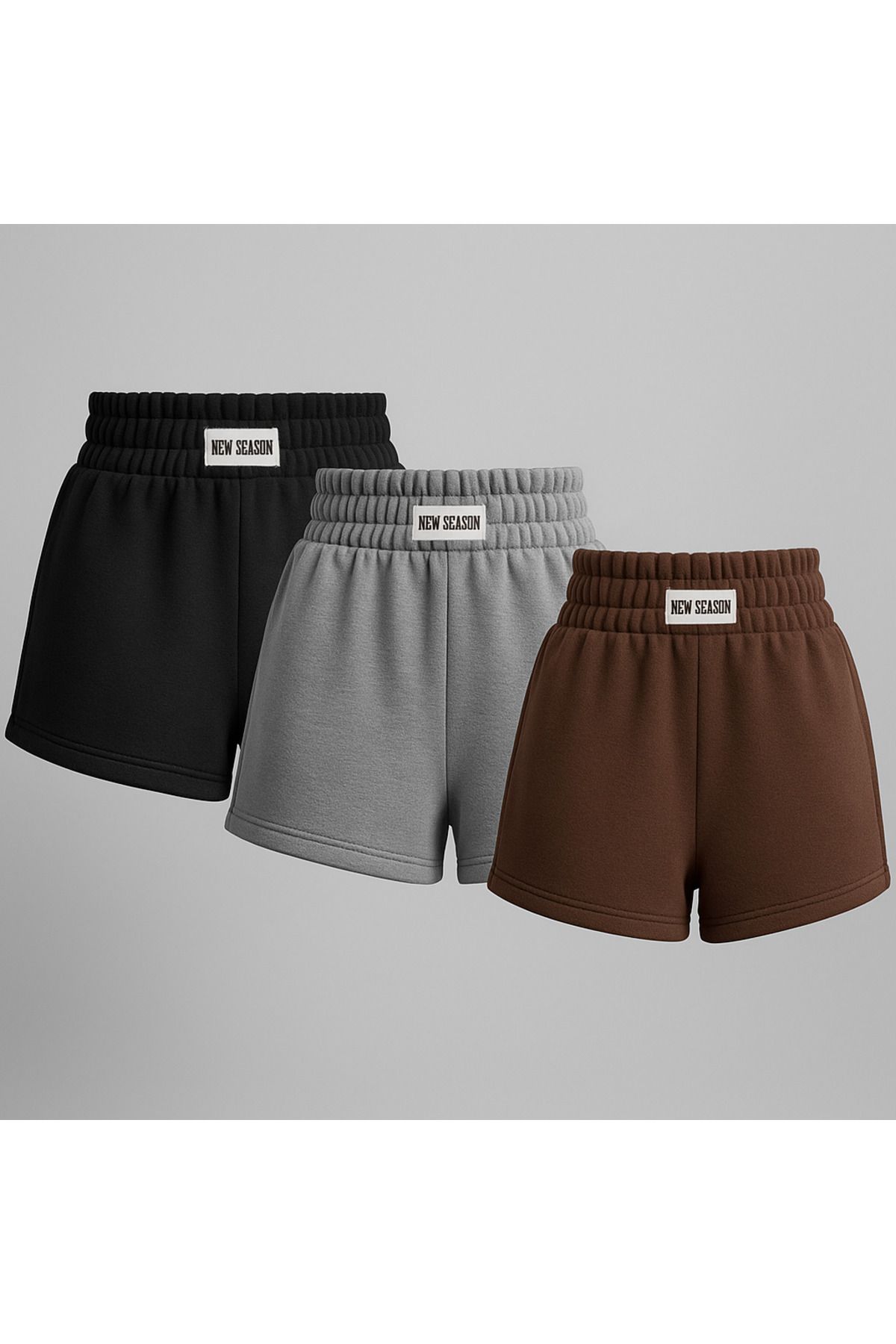 OFFSIDESIGN Kadın Mini Şort Penye Düz Basic Şort- Siyah Gri Kahverengi 3'lü Paket Pamuklu Yazlık Kısa Şort