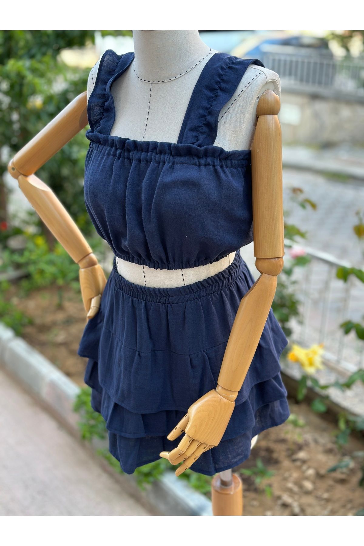 Paseam Atelier 2 Kat Müslin Yazlık Lacivert Etek ve Crop Takımı