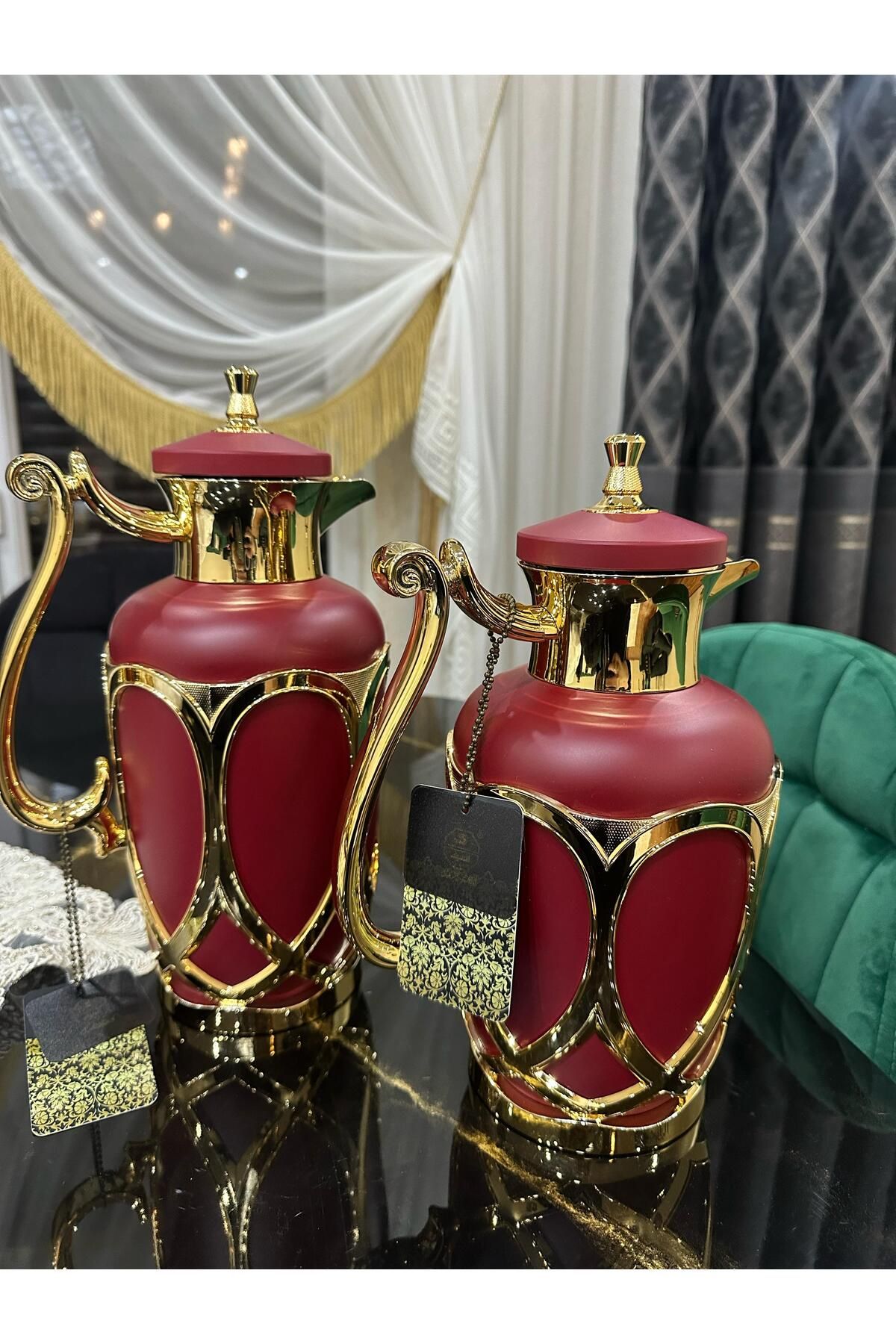DEKOR ZÜCCACİYE HOME 2'li lüks kırmızı gold çay termosu