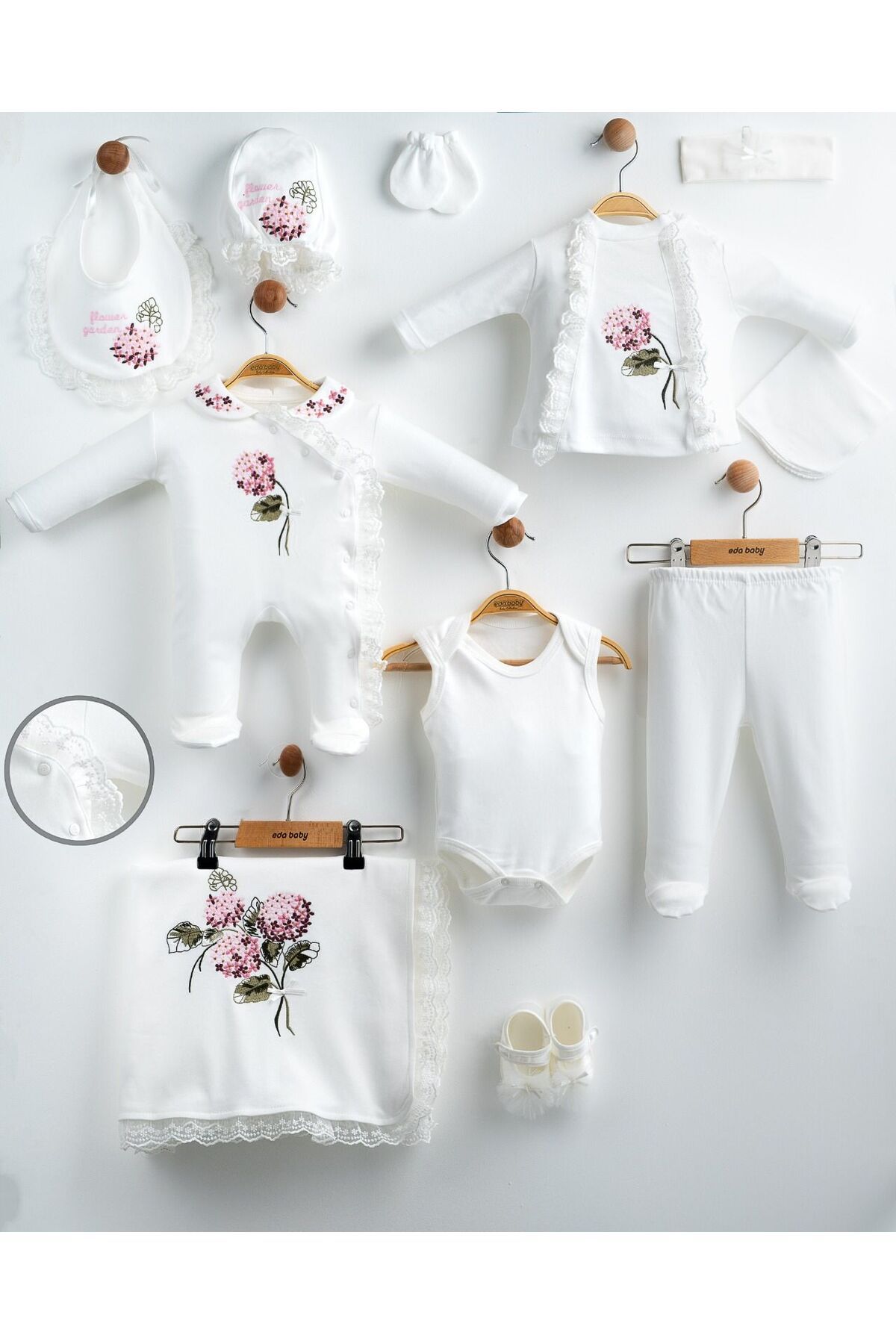 Butik %100 Oganik Pamuk Nakışlı Pembe Beyaz Yeni Doğan Bebek Takımı -(10'lu Set)