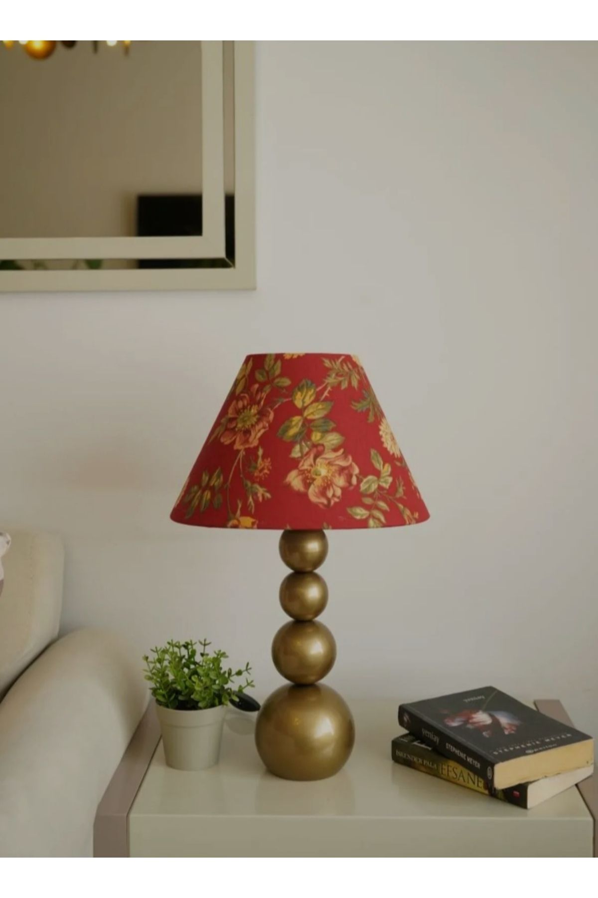 Semboldekor 4T Eskitme Ayaklı Konik Bordo Yaprak Desenli Abajur Salon Yatak Odası