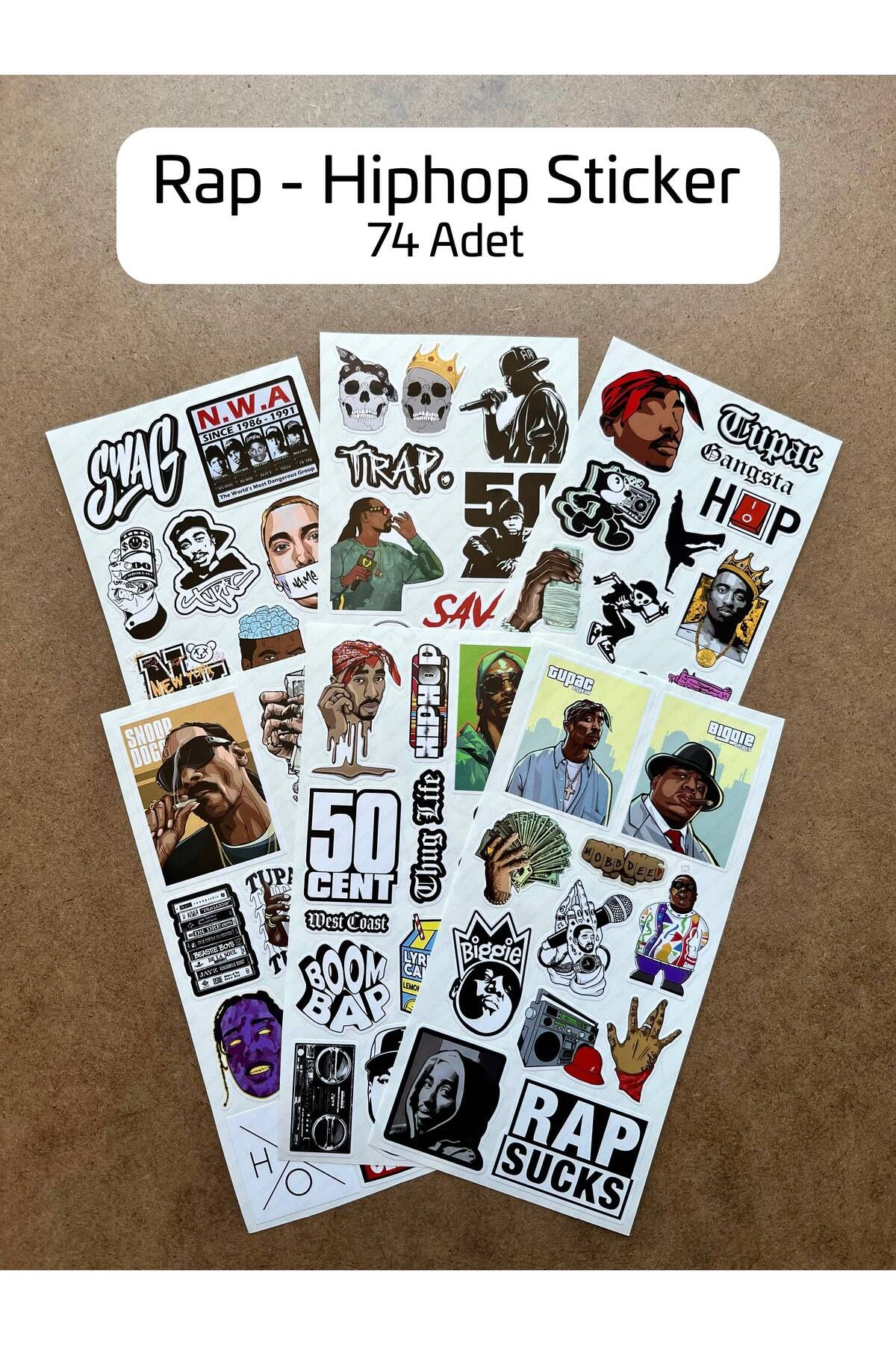 hdsticker 74 Adet Rap Hiphop Sticker Seti - Laptop, Kaykay, Defter, Ajanda Etiket Renkli ve Tarz Çıkartma