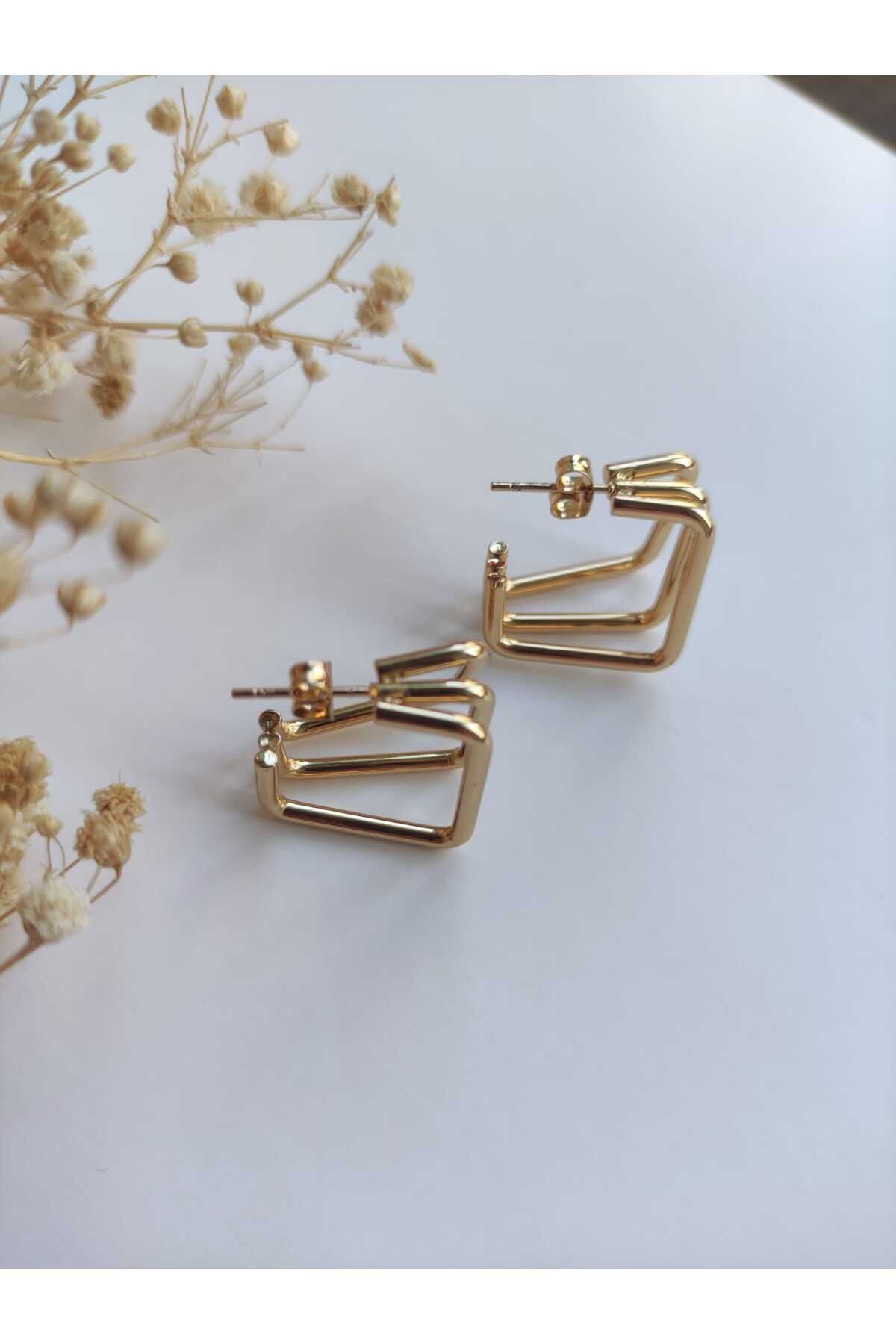 MoS JEWELLERY Gold Renk Üçlü Kare Küpe - Paslanmaz Çelik