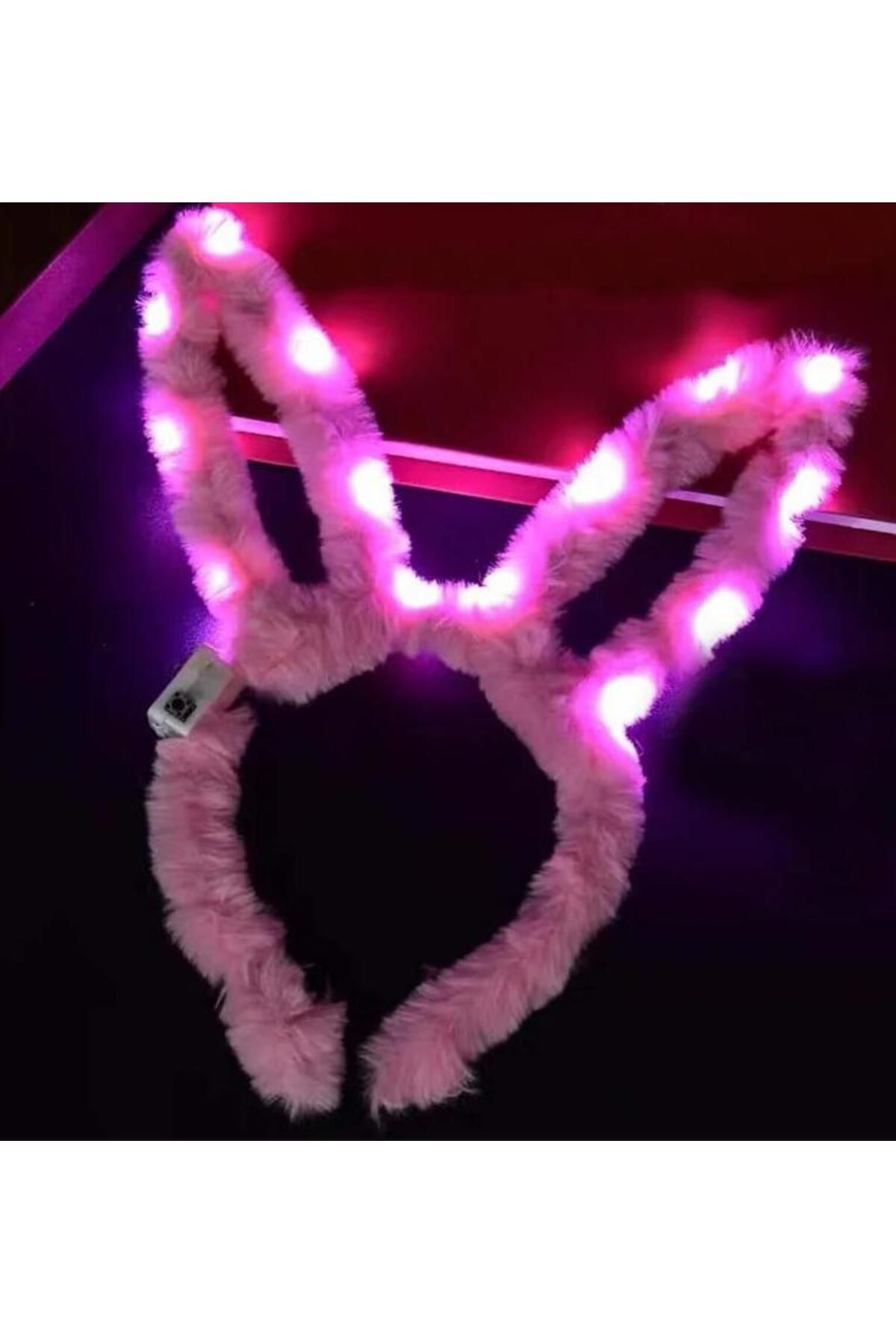 Easy Tedarik Led Işıklı Peluş Pofuduk Tavşan Kulak Tavşan Taç Pembe 17X23 cm