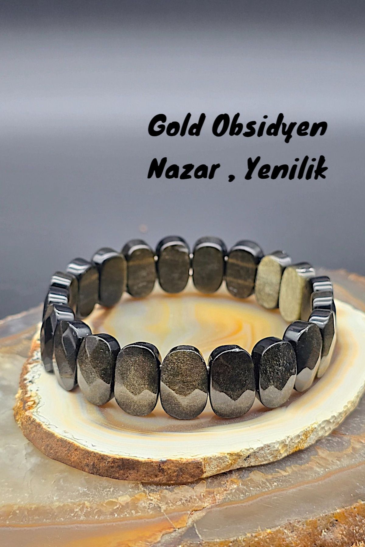 NBS Beautiful Naturel Stones Gold Obsidyen Doğal Taş Bileklik Unisex ( Çok Kaliteli AA ) ( Günlük , Klasik ,Hediyelik ) Trend