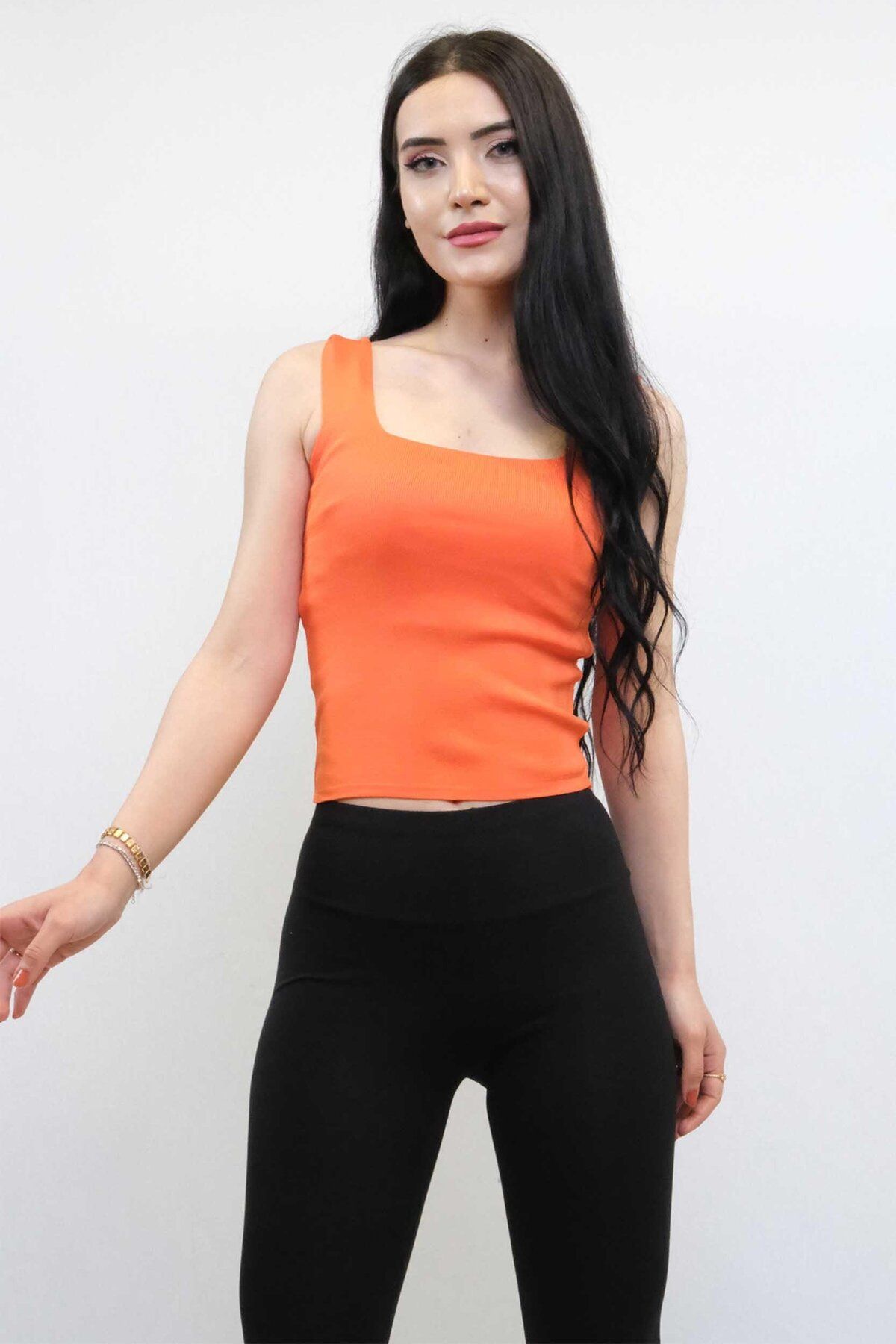LLOHA Moda Çizgi Triko Atlet Turuncu