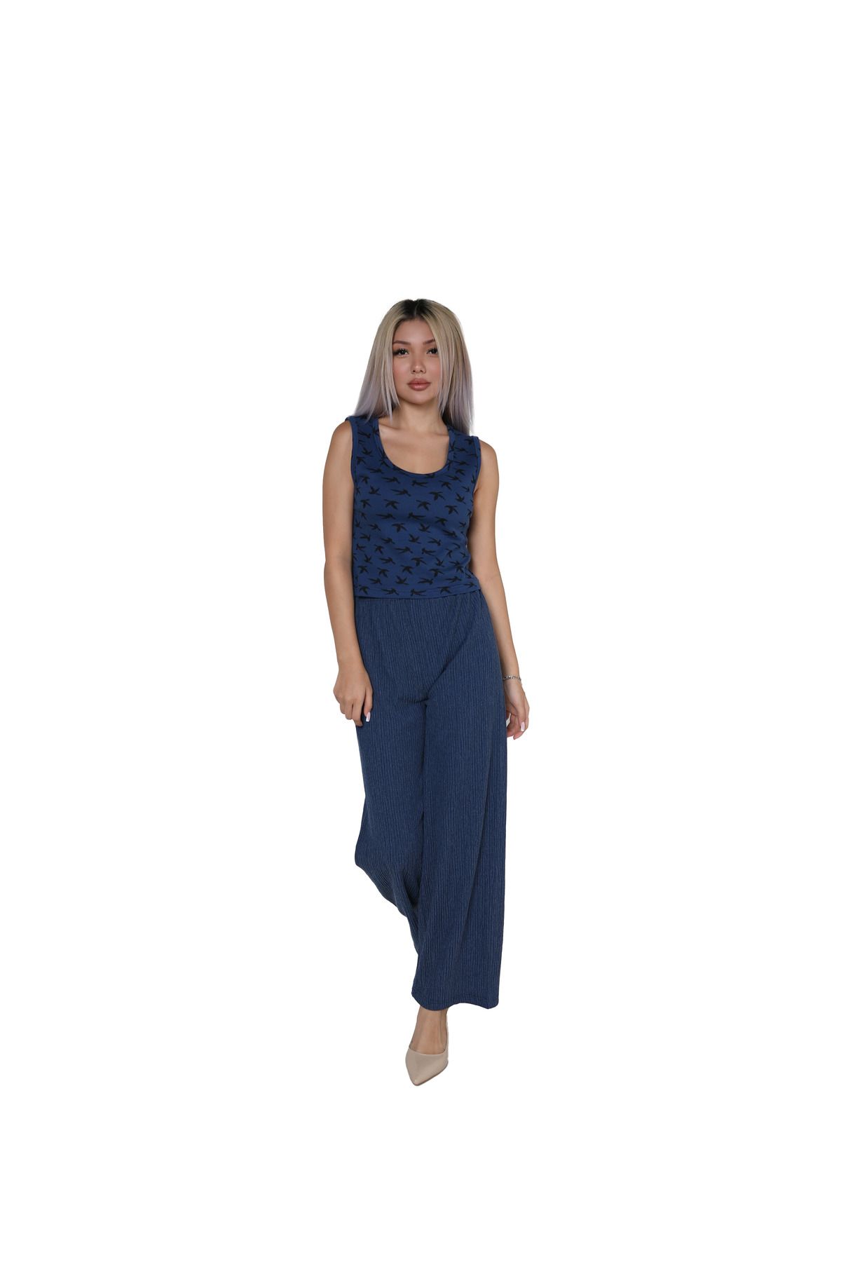 LLOHA Moda Çizgi Kadın Kalın Askılı Body Bol Paça Pantolon 2`li Takım Lacivert 4217
