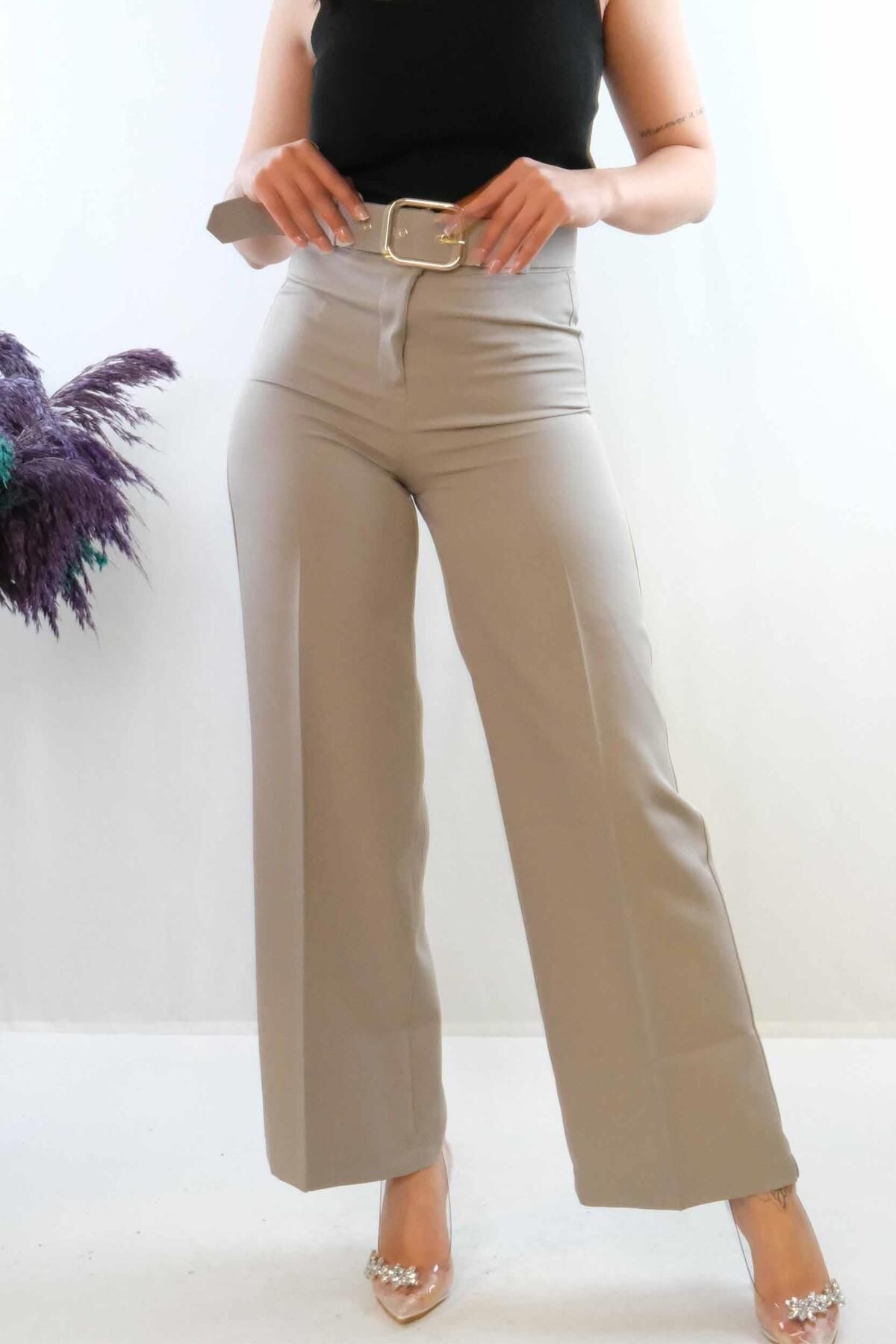 LLOHA Moda Çizgi Kemerli Pantolon Gri