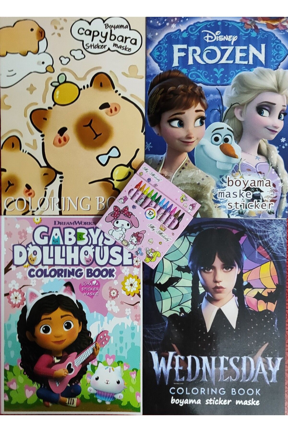 ada çanta kırtasiye 4 adet stickerli boyama kitabı 12 li pastel boya kalemi hediyeli AD50721