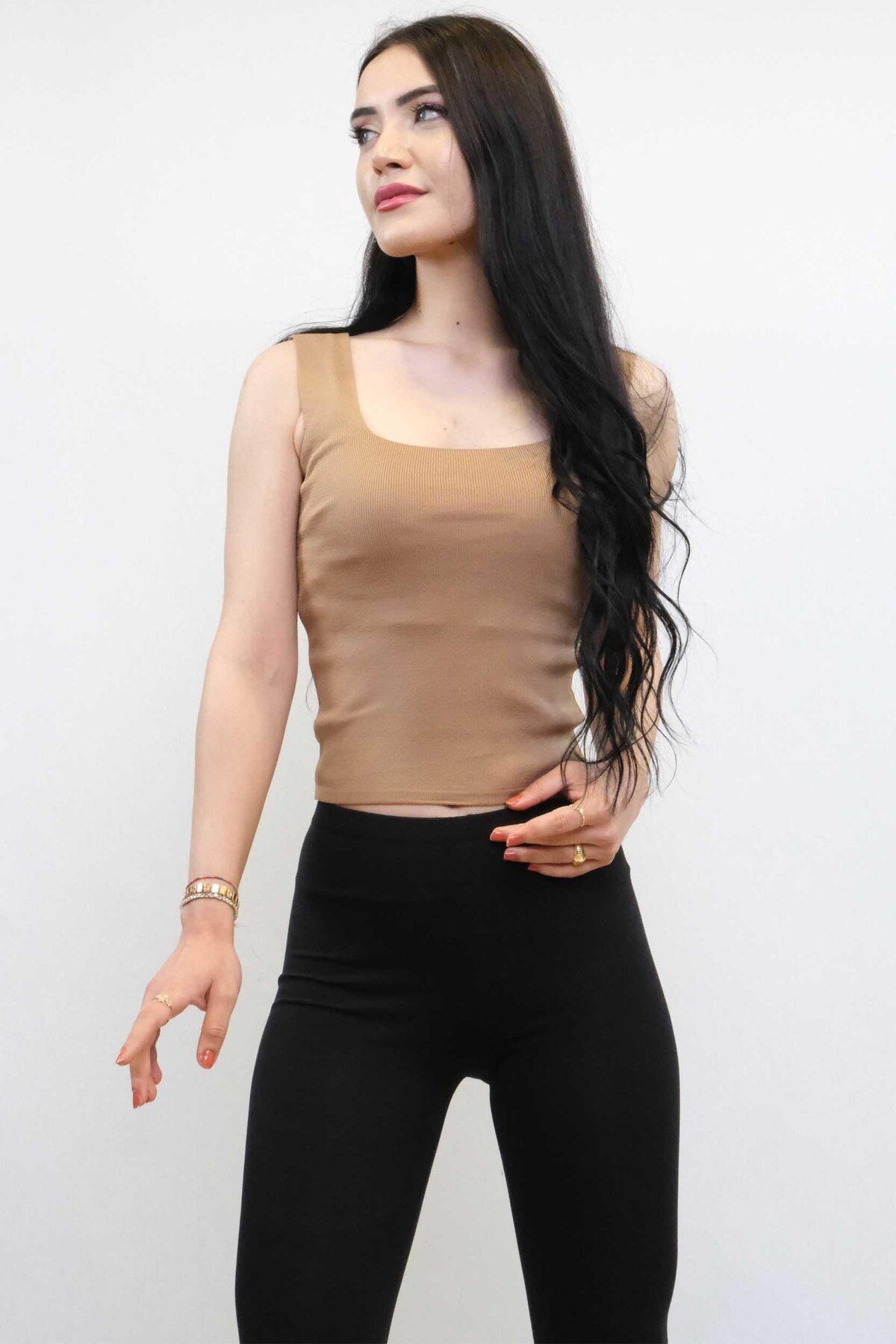 LLOHA Moda Çizgi Triko Atlet Vizon