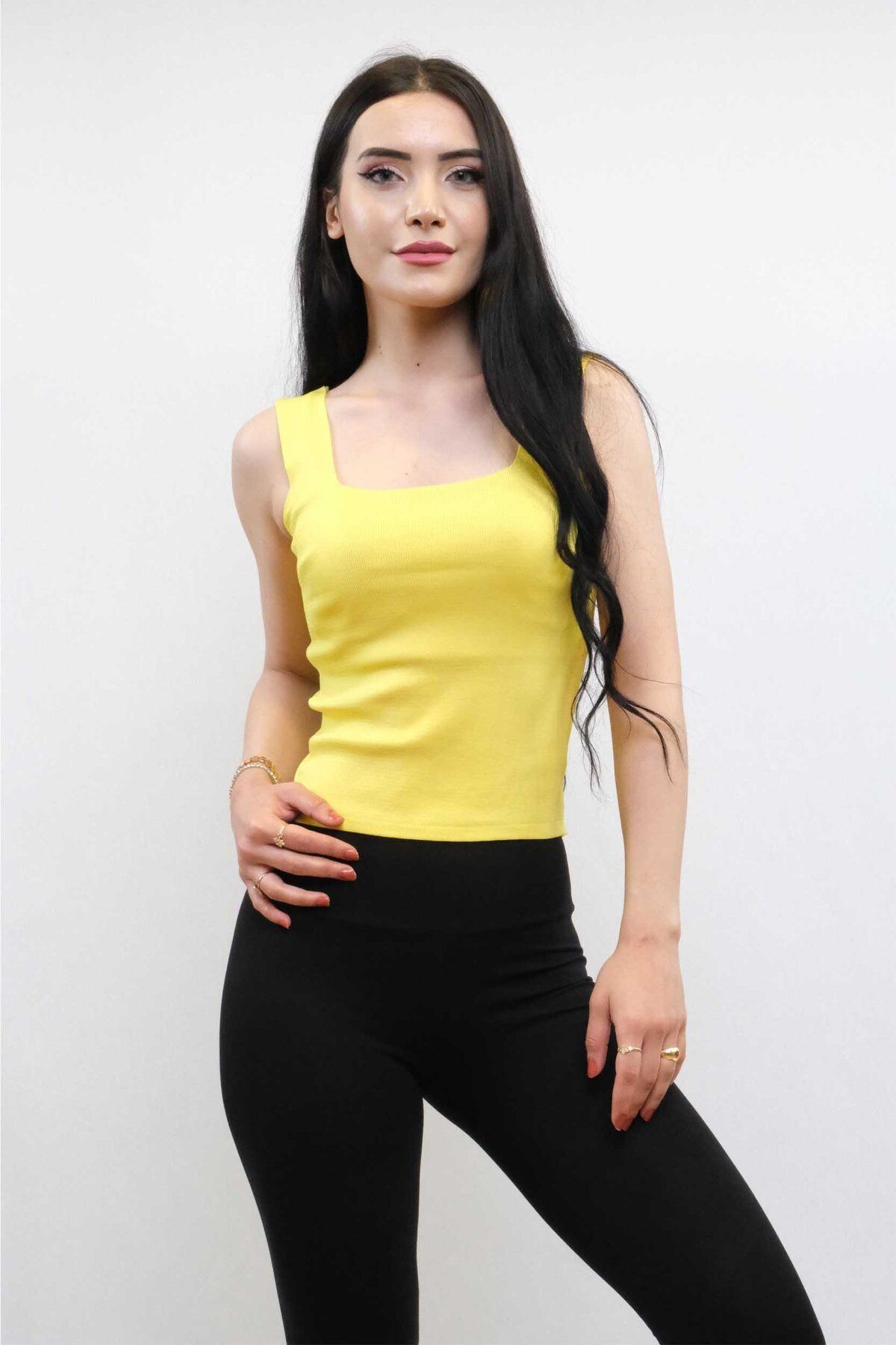 LLOHA Moda Çizgi Triko Atlet Sarı